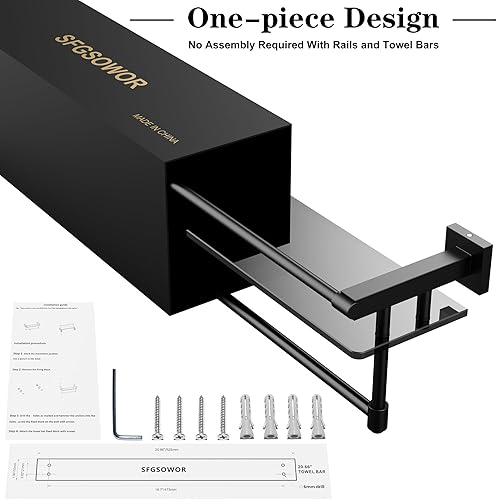 Miniatura 5 de Estante de vidrio para baño con toallero de 20 pulgadas, para montar en la pared, organizador de baño, barra de toalla de acero inoxidable SUS304,