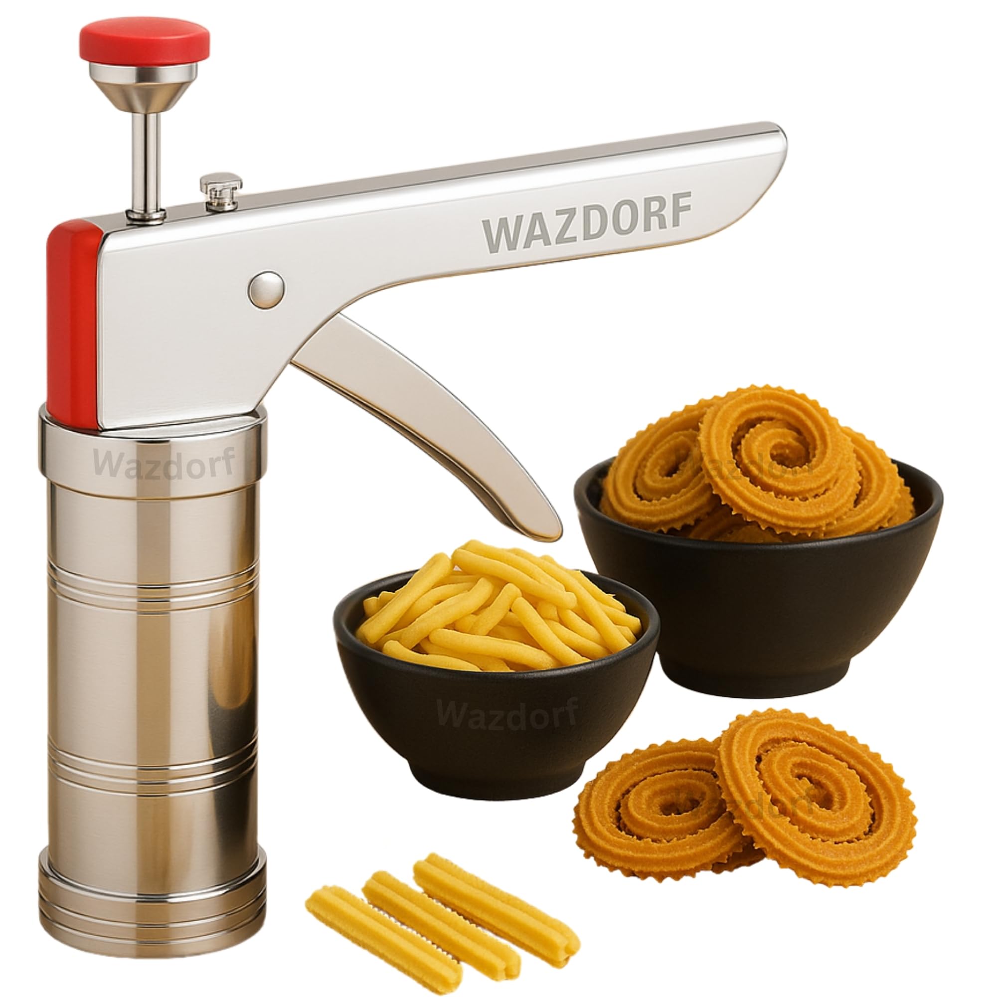 Wazdorf Stainless Steel Kitchen Press with 15 Different Types of Jalies, Murukku Maker/Bhujiya Maker/Noodles/Cookies/Namkeen/Chakali Maker/Sev Maker/Farsan Maker/Gathiya Maker
