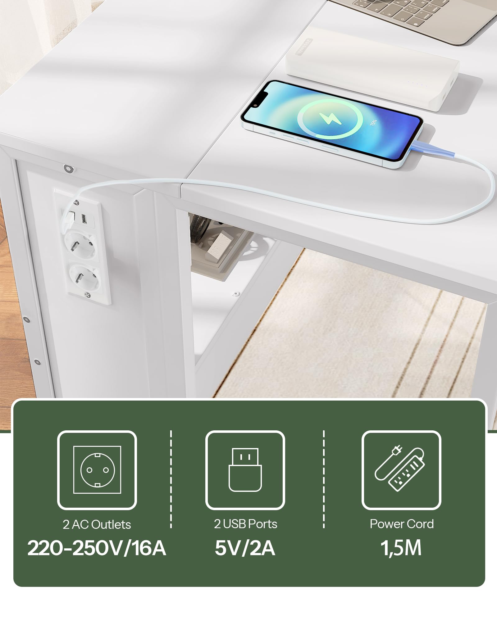 CHOEZON Tavolo pieghevole per computer con ruote, piccolo tavolo pieghevole con base di ricarica, 80 cm, scrivania pieghevole per piccoli spazi, soggiorno, camera da letto, bianco DTDN01CWB