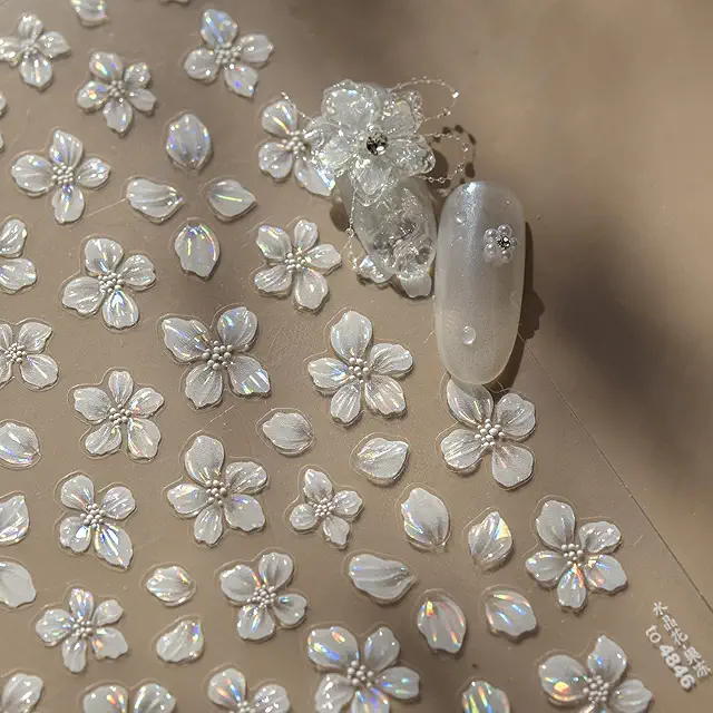 Auiremrti 5D Flower Nail Art Stickers - White Crystal Design for Nail Decor