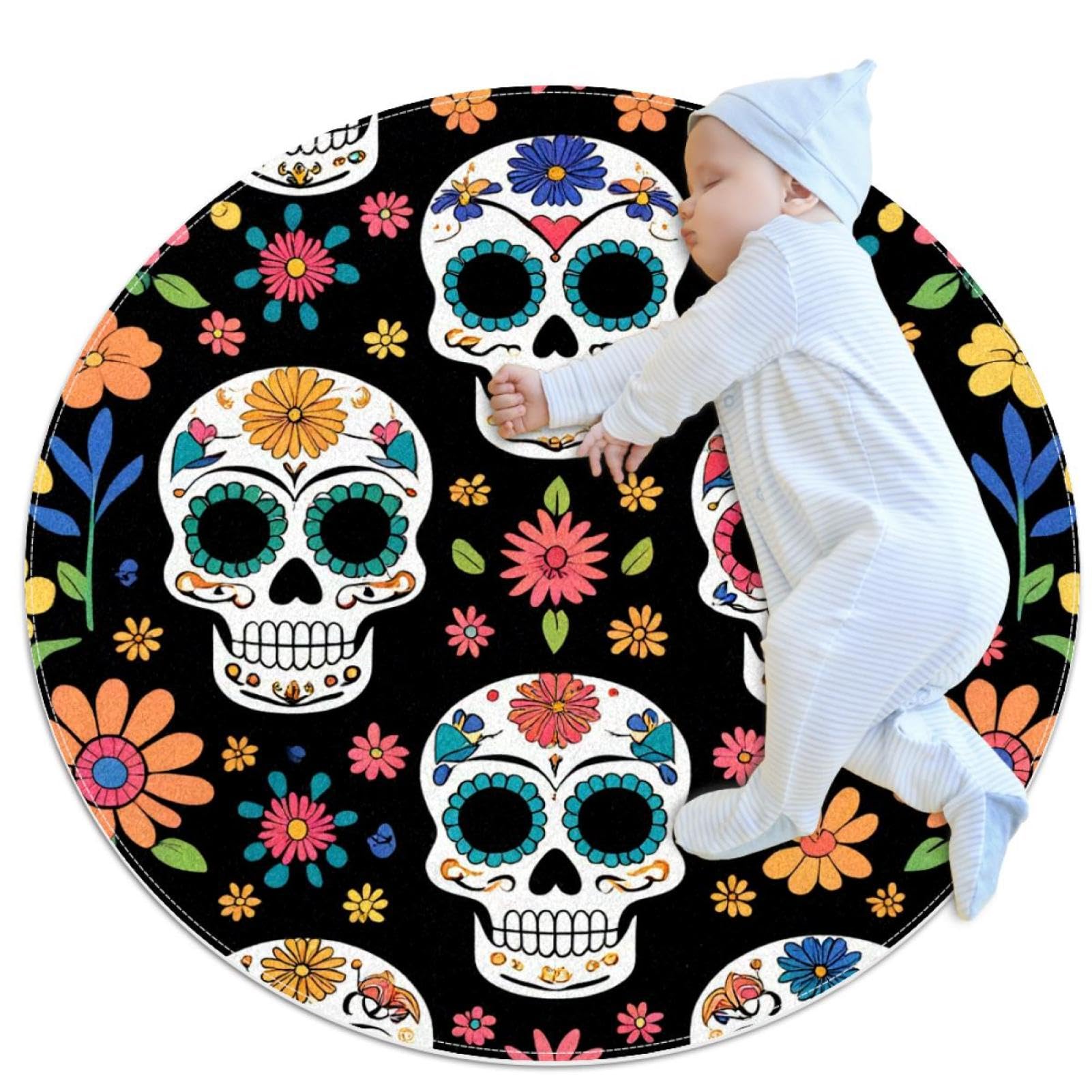 Tapis de bain 1m motifs crânes et fleurs pour décorer le sol du salon