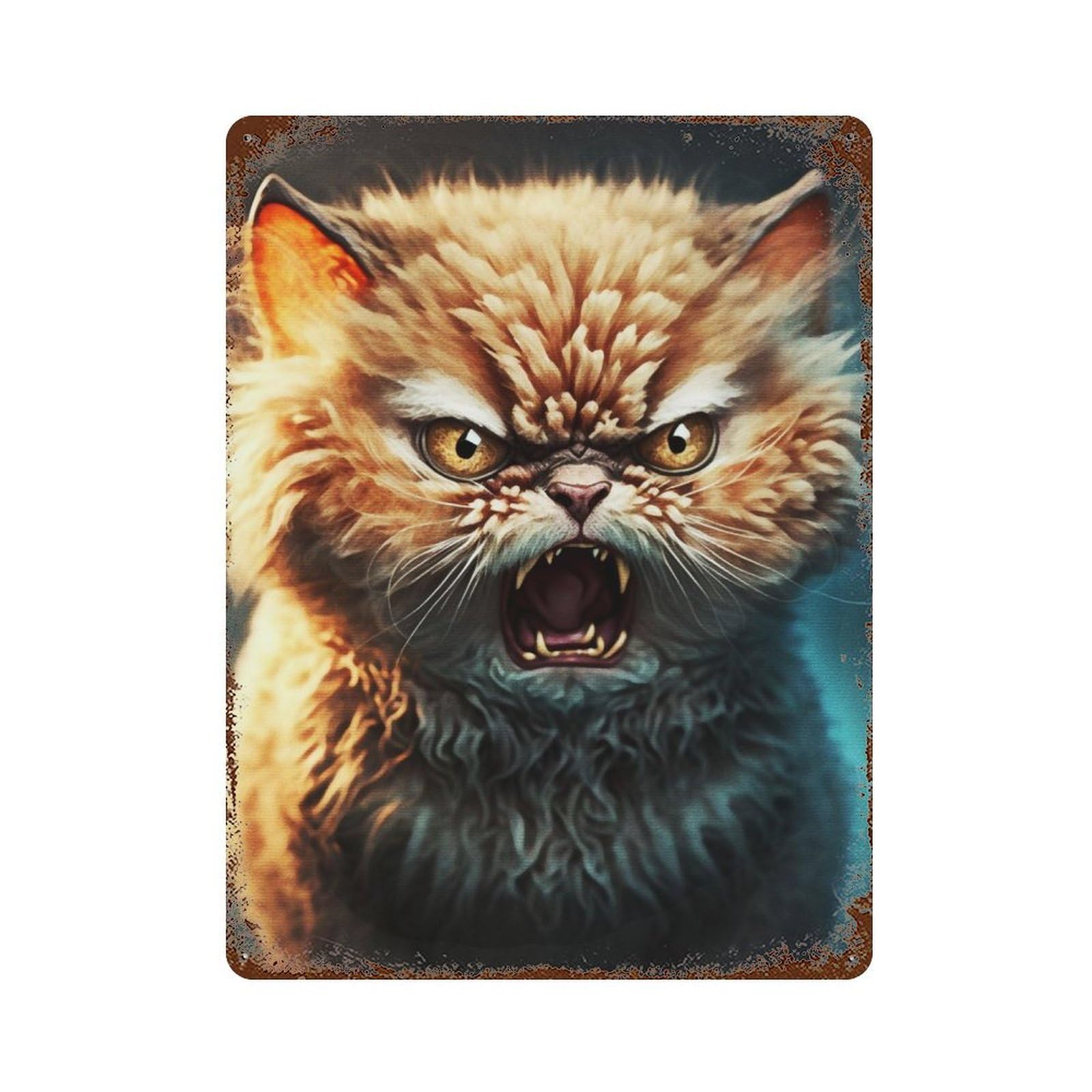 Decorative Tin Sign with Angry Cat Design 15.7"x11.8", for Basement, Hobby Room And Garage Decor, Rustic Home Decor