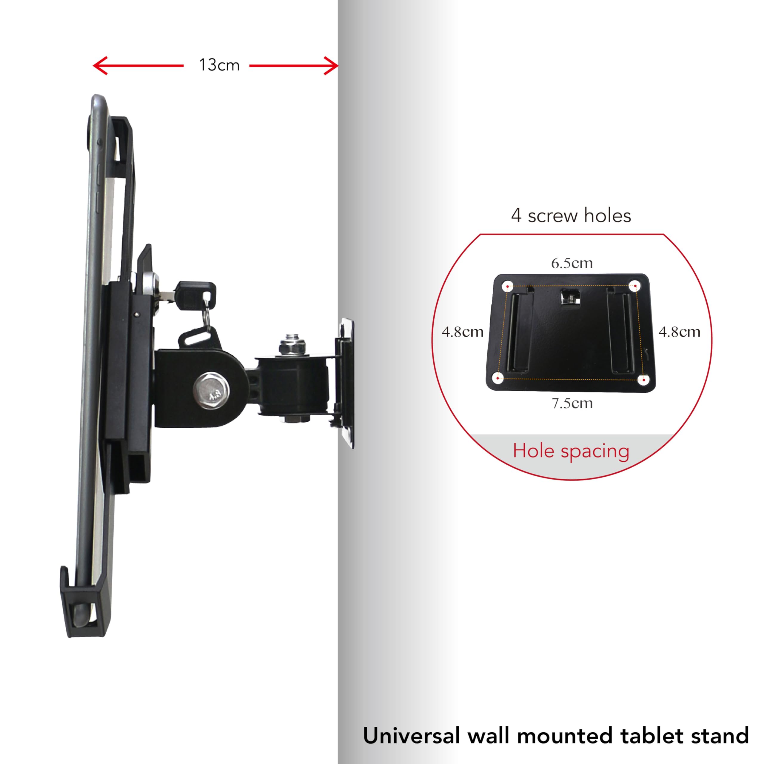 Soporte de pared para tablet con cerradura y llave, ajuste arbitrario giratorio, multiángulo, soporte para la mayoría de iPad de 11 a 13 pulgadas, y para iPad de 10.2, 10.5, 11, 11 y 12.9
