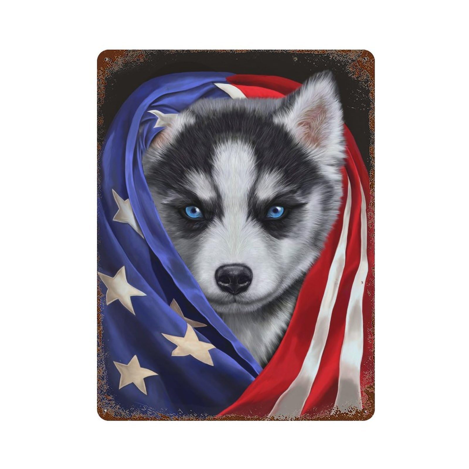 Garage Style Siberian Husky USA Patriot Rust Effect Tin Sign 15.7"x11.8", Industrial Home Decor for Bar And Workshop