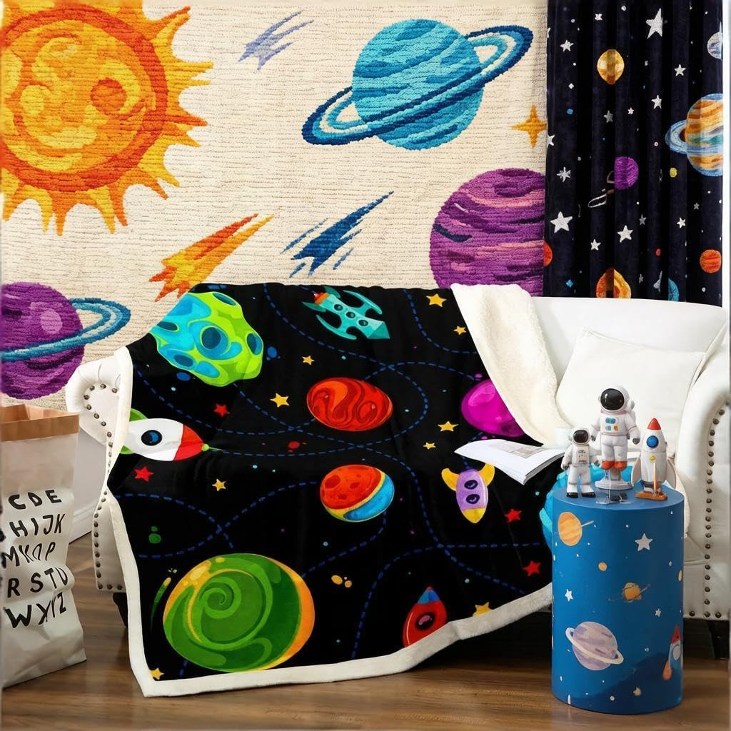 Loussiesd Boys Fleece Blanket Cartoon Universe Planet Sherpa Blanket for Chair Sofa Couch Outer Space Themed Space Rocket Print Plush Room Decor King 87"*94"