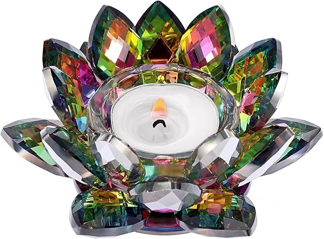 SUMTree Crystal Lotus Candle Holder for 4.5" Pillar Candle, Decorative Tealight Lotus Votive Candle Holder, Petals Style Flower Tealight Holder for Home Wedding Anniversary Decor, AB Colorful