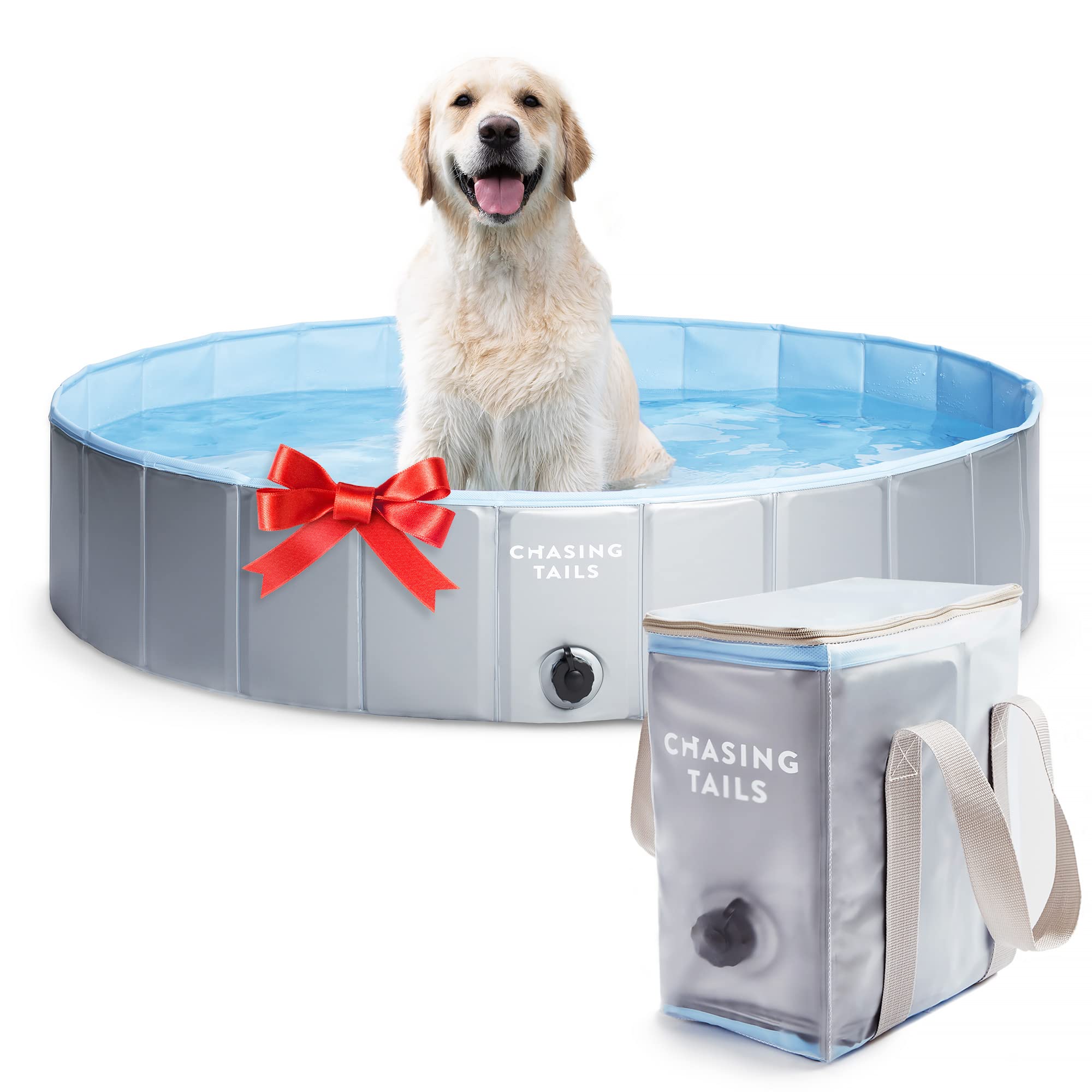 Chasing Tails Dog Pool - 47 x 11.5 Inch Plastic Pool for Dogs, Non-Slip Dog Pool for Large Dogs, Foldable Pool for Pets, Portable Pet Pool with Drainer - Carry Bag Included