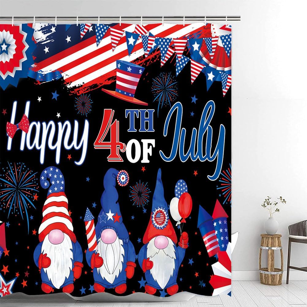 4Pcs Patriotic Bthroom Decor Set with Shower Curtain, Non Slip Rugs,Bath Mat and Toilet Lid Cover, Red White and Blue Shower Curtains with 12 Hooks for Independence Day 4th of July Decor