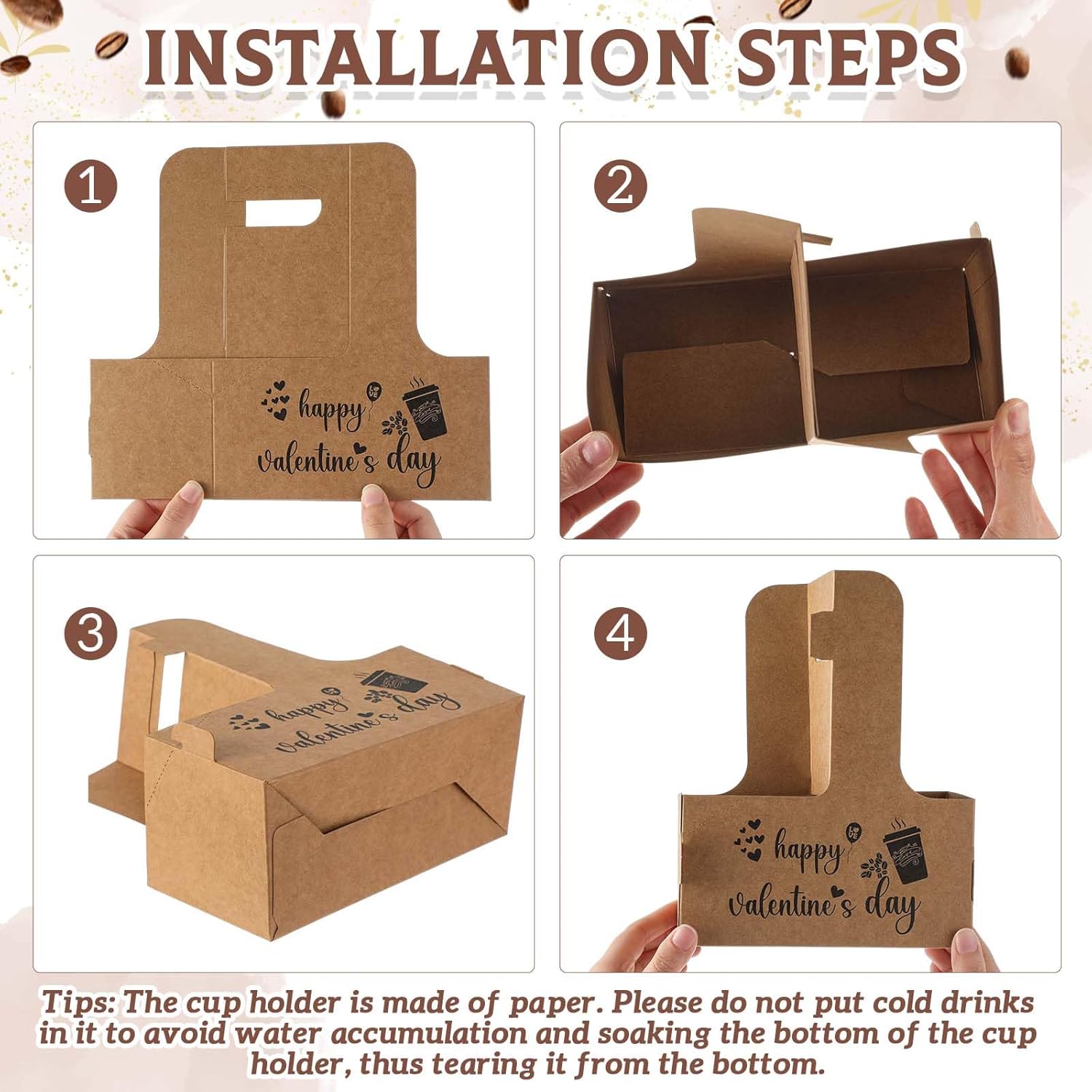 30 Set 2/4 Cups Drink Carrier with Handle, 12-30 oz Kraft Paperboard Coffee Cup Holder for Cold Hot Drinks, Takeout Beverage Delivery for Valentine(Valentine Style,7 x 3 x 9 Inch,Brown) - Image 4