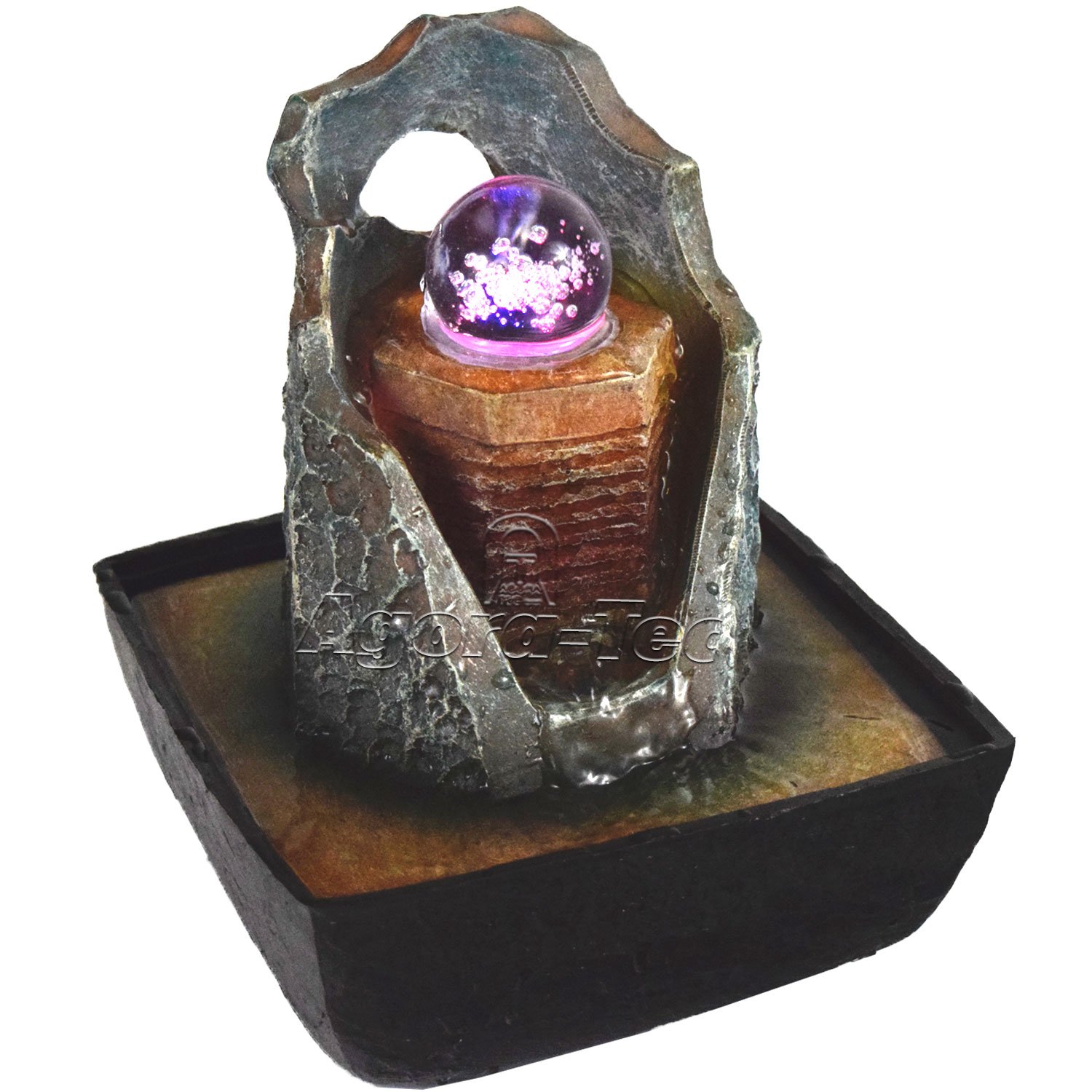 Agora-Tec® Magic Water Feature & Indoor Fountain with Rotating Glass Ball with Four Colours LED Lighting, Very Pleasant Quiet Water Flow 21 cm High