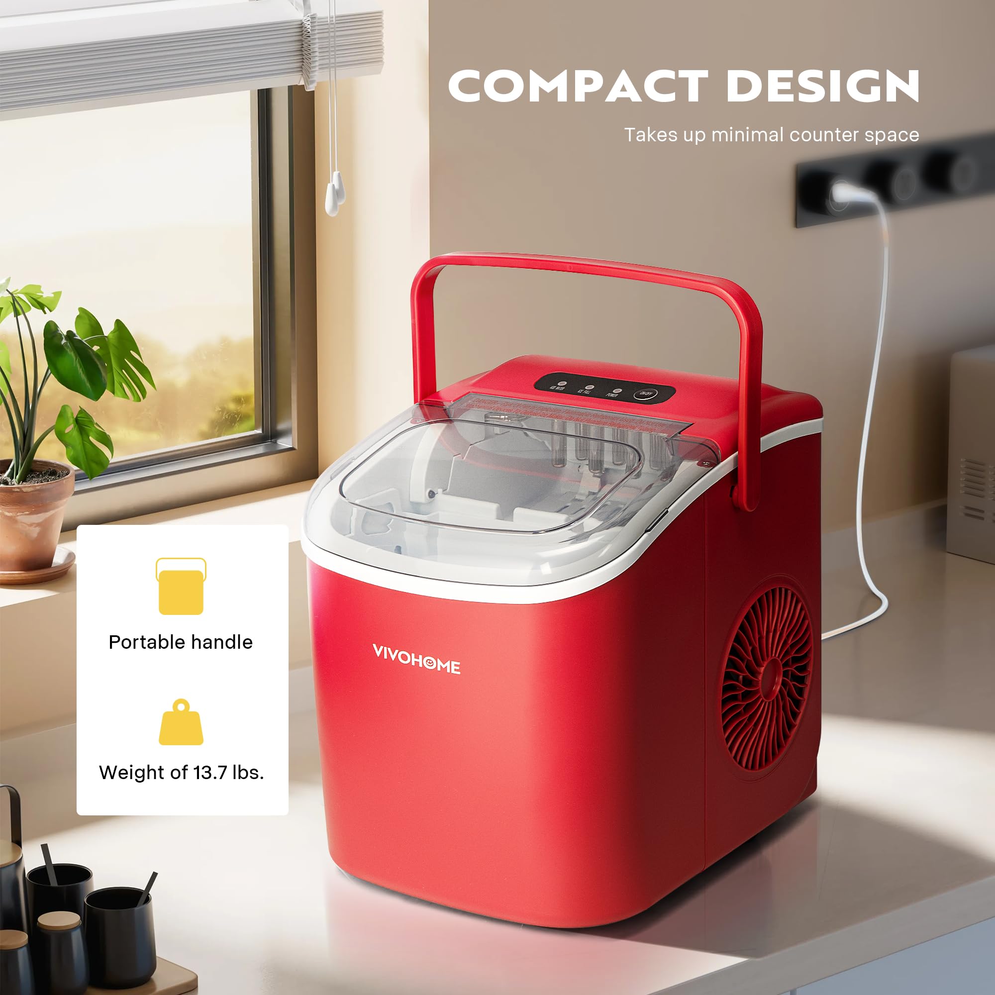 VIVOHOME Countertop Ice Maker With Handle 26lbs/Day 9 Ice Cubes In 6 Mins Portable Ice Maker Machine 10 Ice Bags And Self Cleaning Ice Cube Maker Red on Fridge.com - View 5