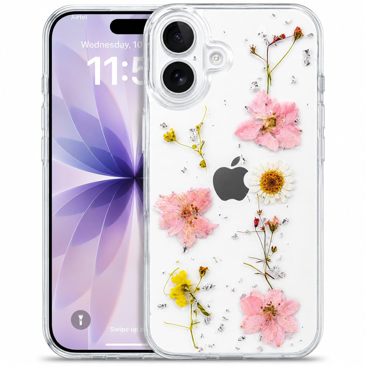 Enflamo Clear Silicone Case Glitter Floral Back Cover for iPhone 17 | with Pressed Dry Real Flowers (Rose Pink)-image-26