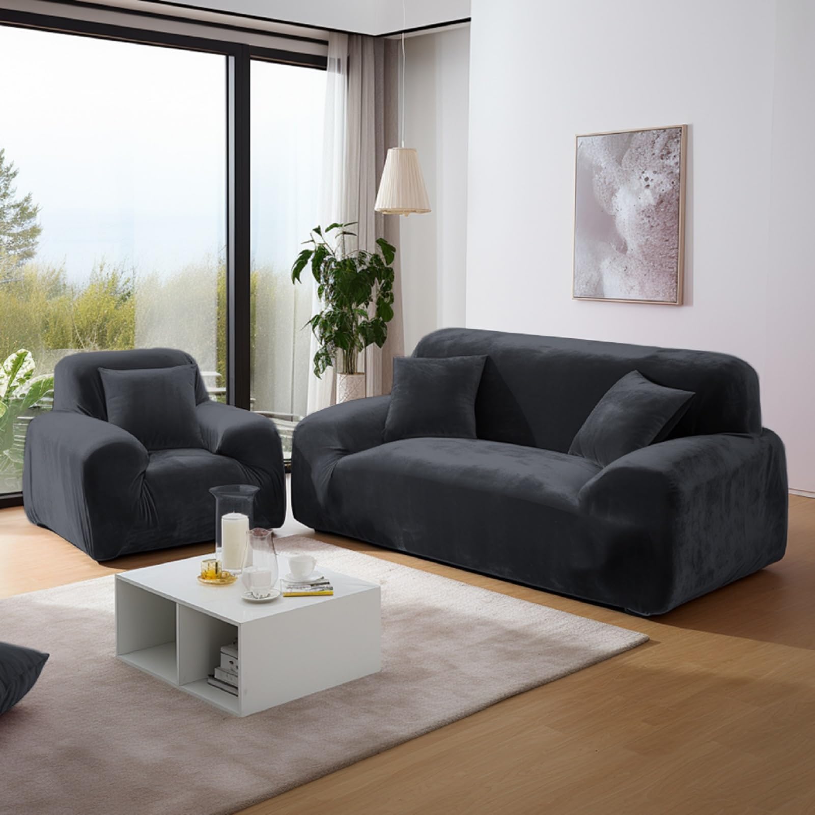Housse de canapé en velours épais avec une taie d'oreiller, housse de canapé élastique super douce, de couleur grise, pour canapé de 1, 2, 3, 4 places (canapé d'angle en forme de L