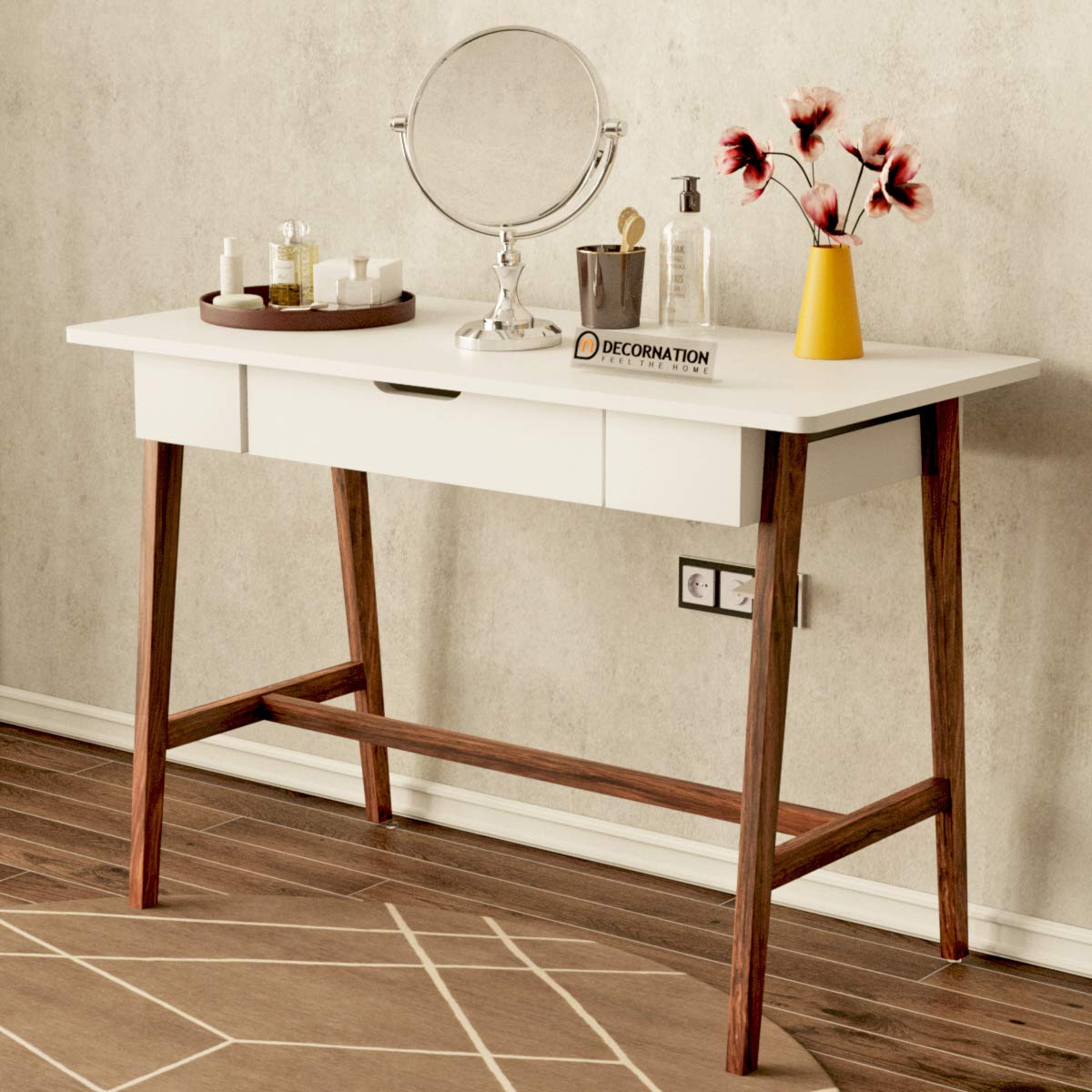 DecorNation Zane Dressing Table, MDF Solid Wood Table with Storage Drawer for Home (White)-picture-10