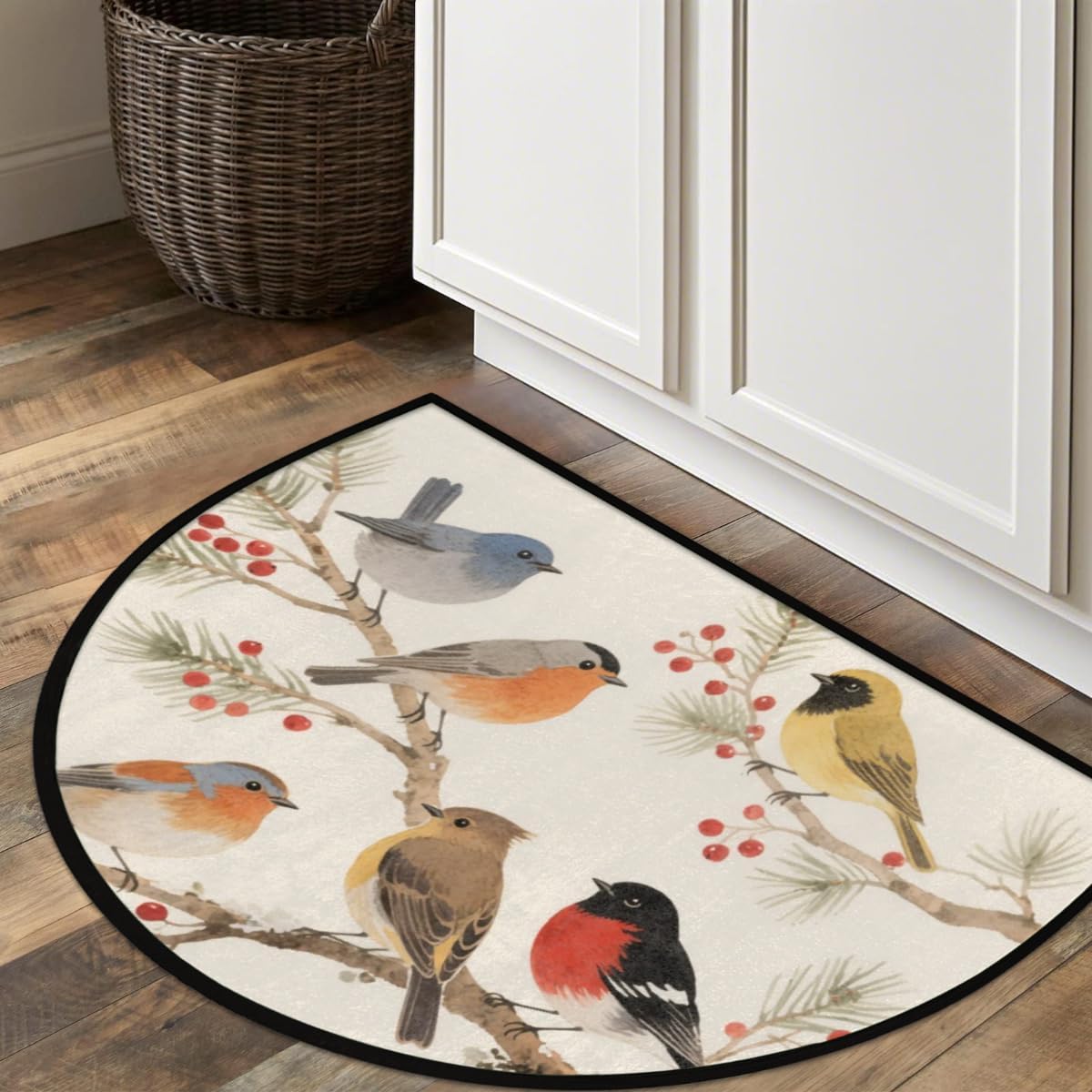 Half Round Door Mat - Indoor Outdoor Bird Branch Art Half Circle Rug for Entryway, Bathroom, Kitchen, Living Room - | Washable Non-Slip Half Moon Mat for Entryway, Bathroom, Kitchen & Living Room