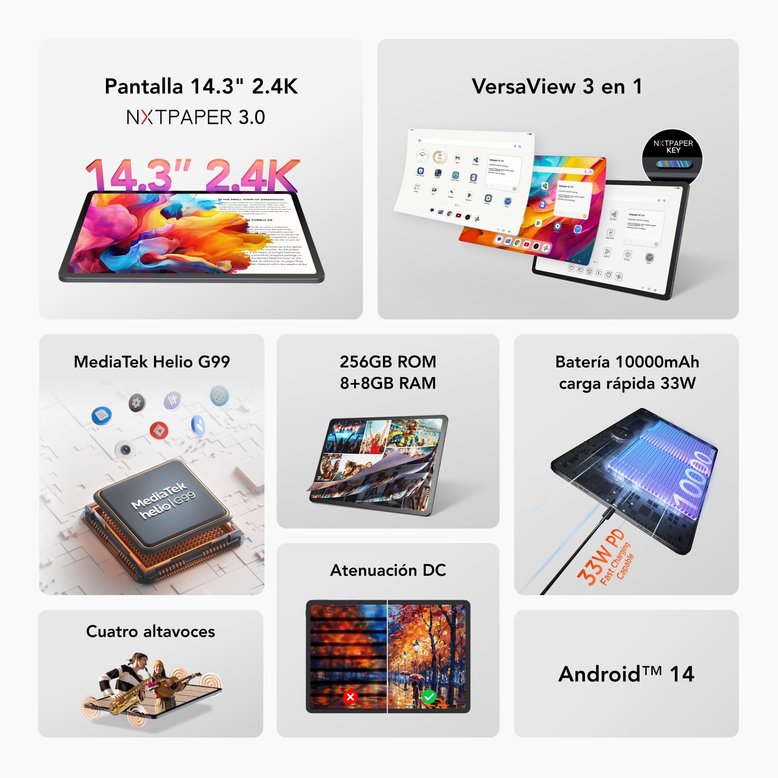 TCL NXTPAPER 14 WiFi Tablet 14.25" 2.4K Octa-Core 8GB RAM 256GB 10000mAh Batería Carga rápida 33W Android 14 Gris