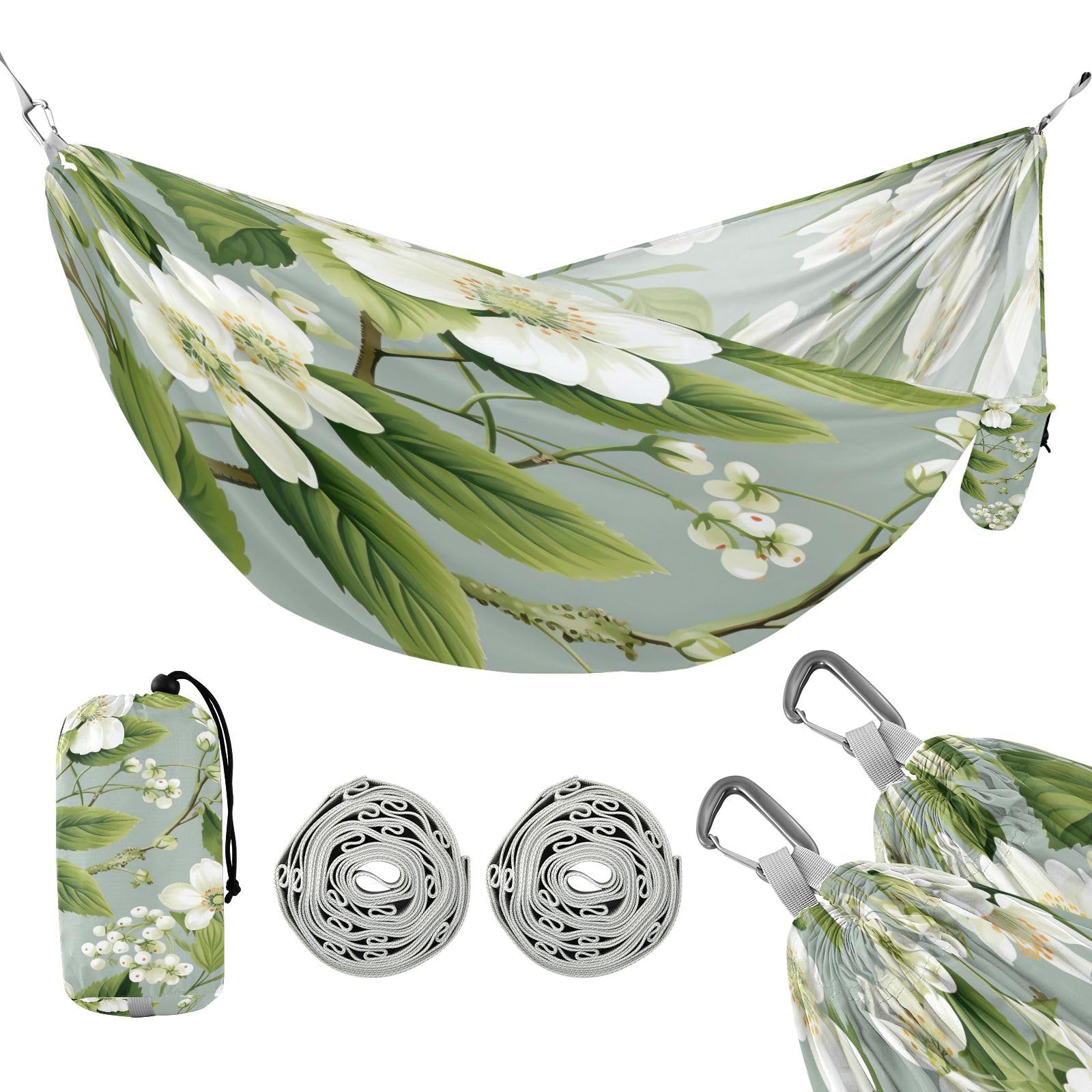 Kigai White Flower Camping Hammock Durable & Portable Travel Hammock Holds 330lbs with Tree Strapsm, Pocket, Camping Accessories