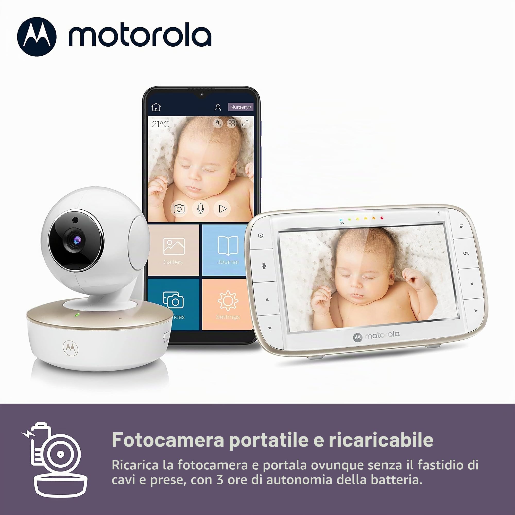 Motorola Nursery VM855 - Baby monitor con connessione Wi-Fi con app Motorola Nursery e unità principale da 5 pollici, visione notturna, temperatura e conversazione bidirezionale, Bianco