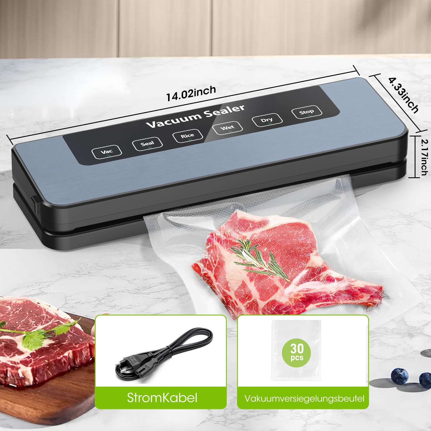 Vexloria Máquina de Vacío 65Kpa, 5 en 1 Conservación de Alimentos | Modos Seco y Húmedo | 30 Bolsas de Vacío Incluidas | Vakuumizador Profesional para Alimentos, Negro