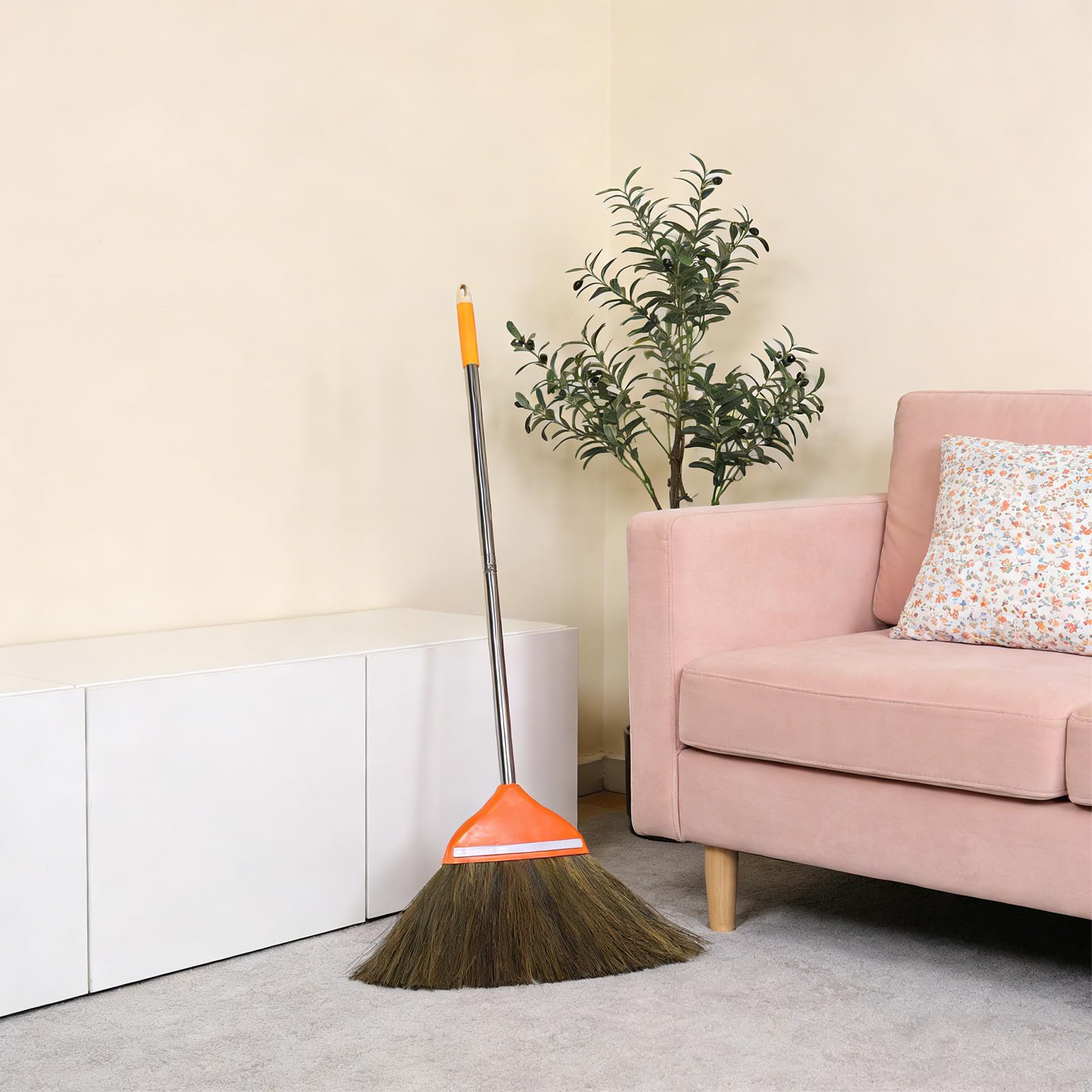 HEMOTON Escoba Natural de Mano para Limpieza del Hogar con Mango Largo de 105cm, Ligera y Resistente, Hecha de Miscanthus para Interiores y Uso Doméstico
