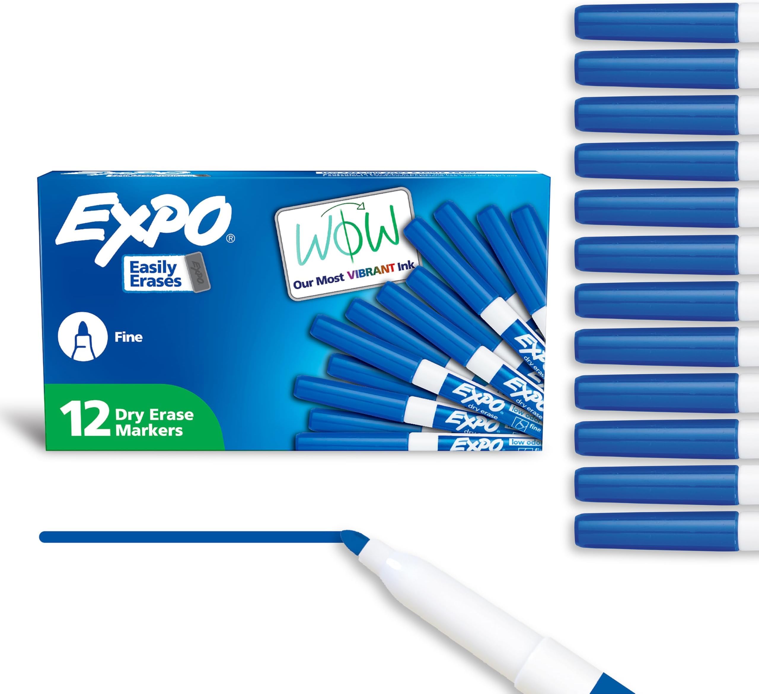 EXPO Dry Erase Markers, Low Odor Ink, Blue, Fine Tip, 12 Count - Whiteboard, Calendar, Organization, Essential Supplies for Office, School, Classroom, Teachers (Pack of 12)