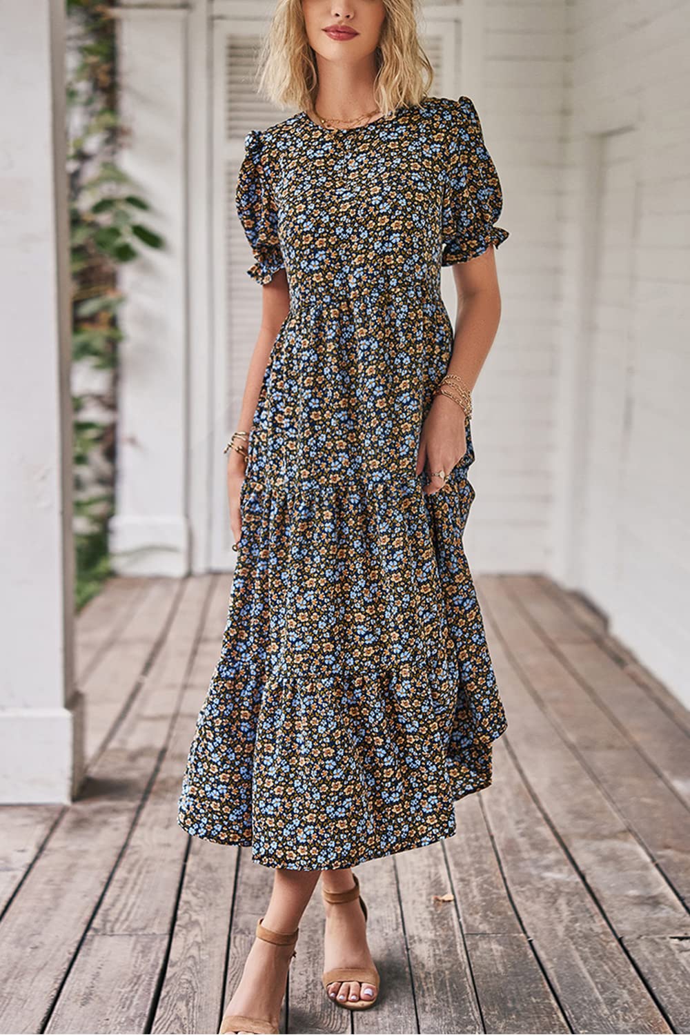 PRETTYGARDEN Sommerkleider für Damen 2025, lässig, Blumenmuster, Boho, Midi, Sonnenkleid, Kurze Ärmel, bauchig, Strand- und Urlaubskleid