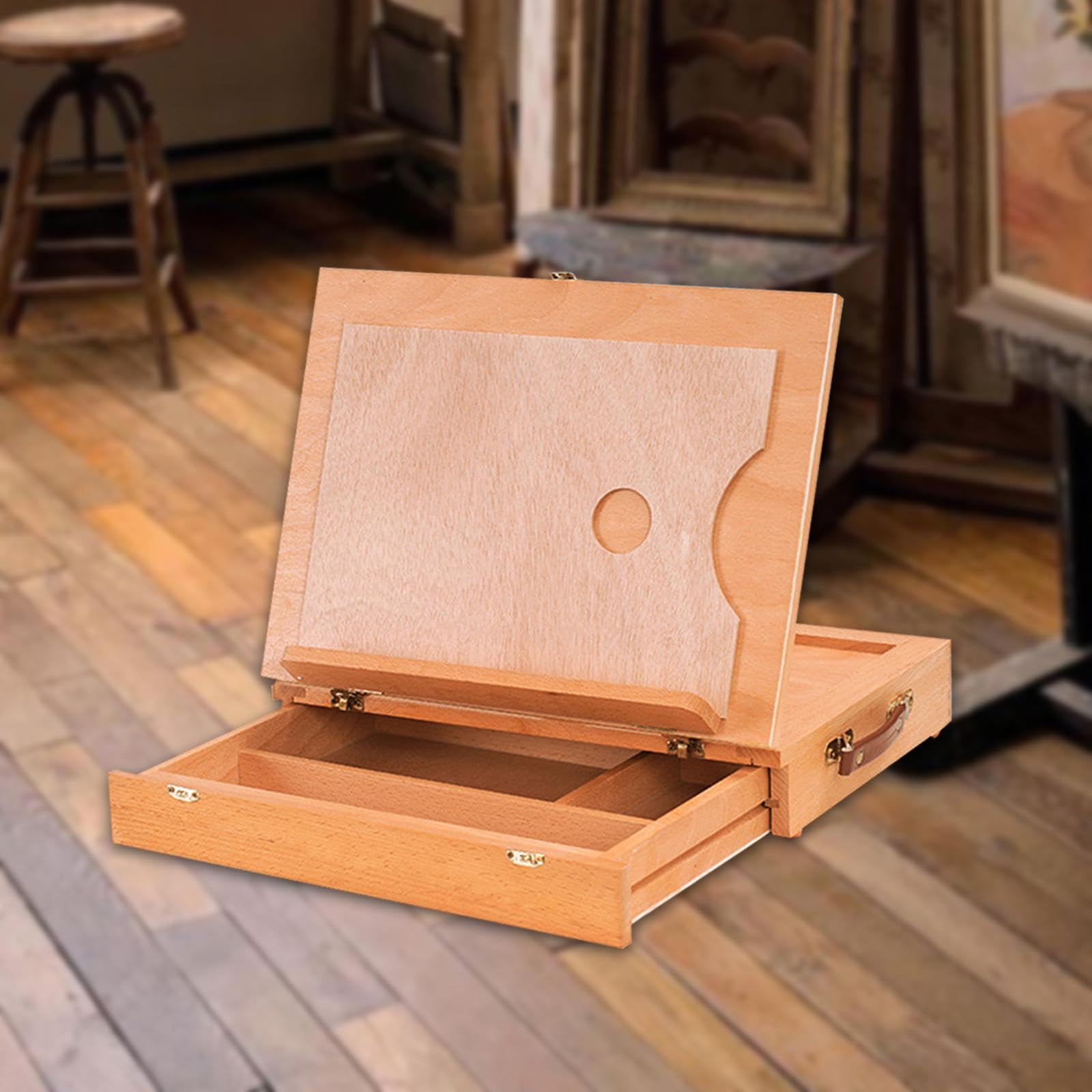 Tragbare Tischstaffelei aus Holz, Zeichenkasten, Organizer für Künstlerbedarf, Skizzenbox, Präsentationsständer, faltbar, Beige, M
