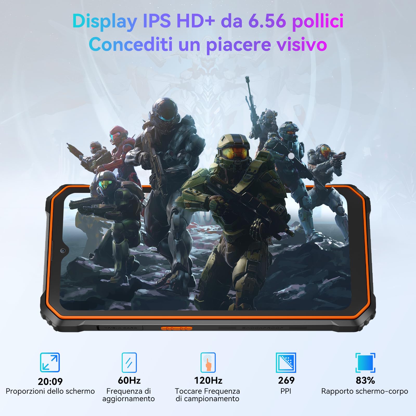 Blackview BV6200Pro Rugged Smartphone, 12GB+128GB(2TB TF), 6.56''HD+, 13000mAh/18W, 13+8MP, 98dB Microfono/NFC/Google Lens/OTG/Face ID/Fingerprint/Modalità Guanto/4G Dual SIM/3 Slots