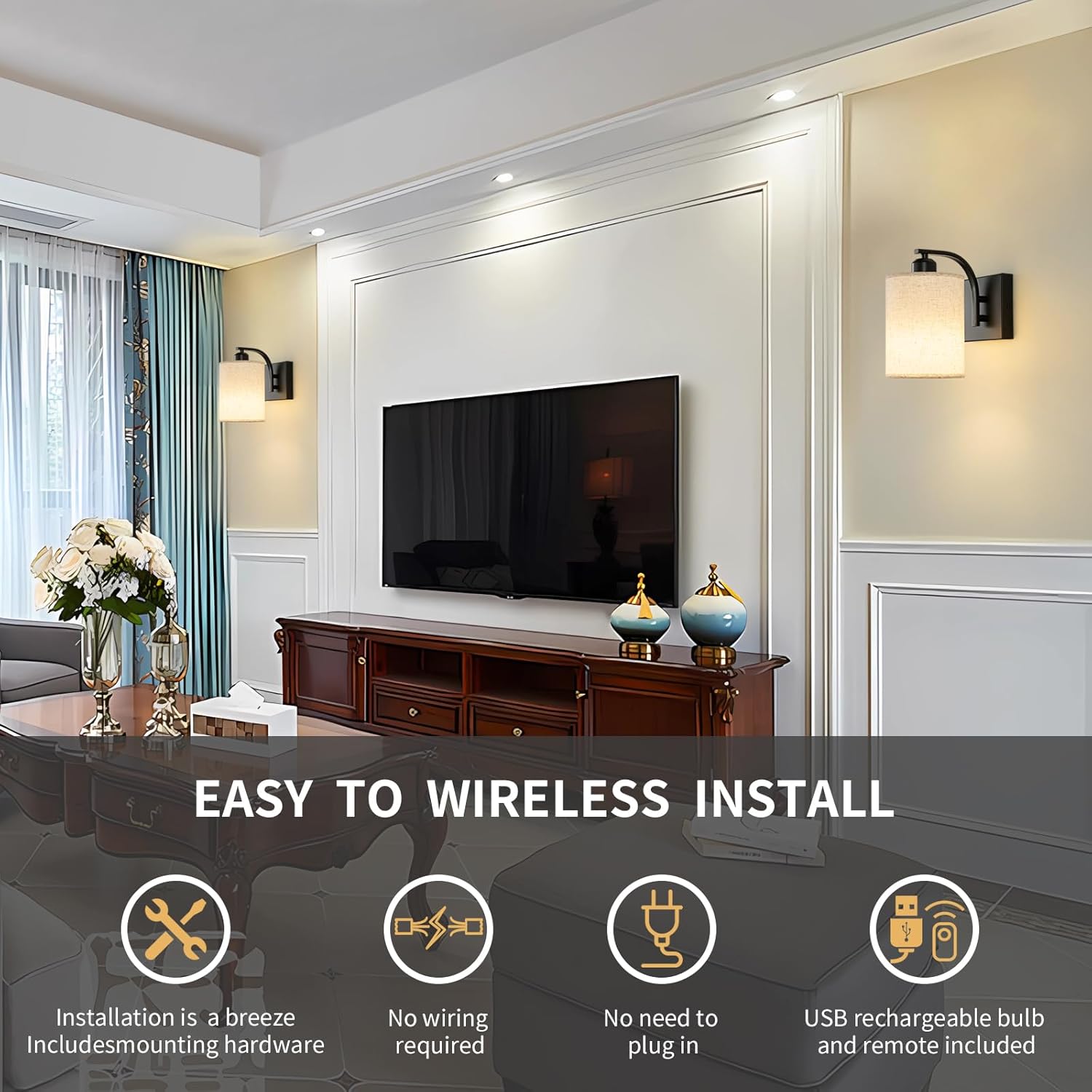 Black Rechargeable Battery Operated Wall Sconces Set of 2 with Remote, Wireless Dimmable Battery Powered LED Wall Lights, Cordless Wall Lighting Lamp Fixture for Bedroom Living Room