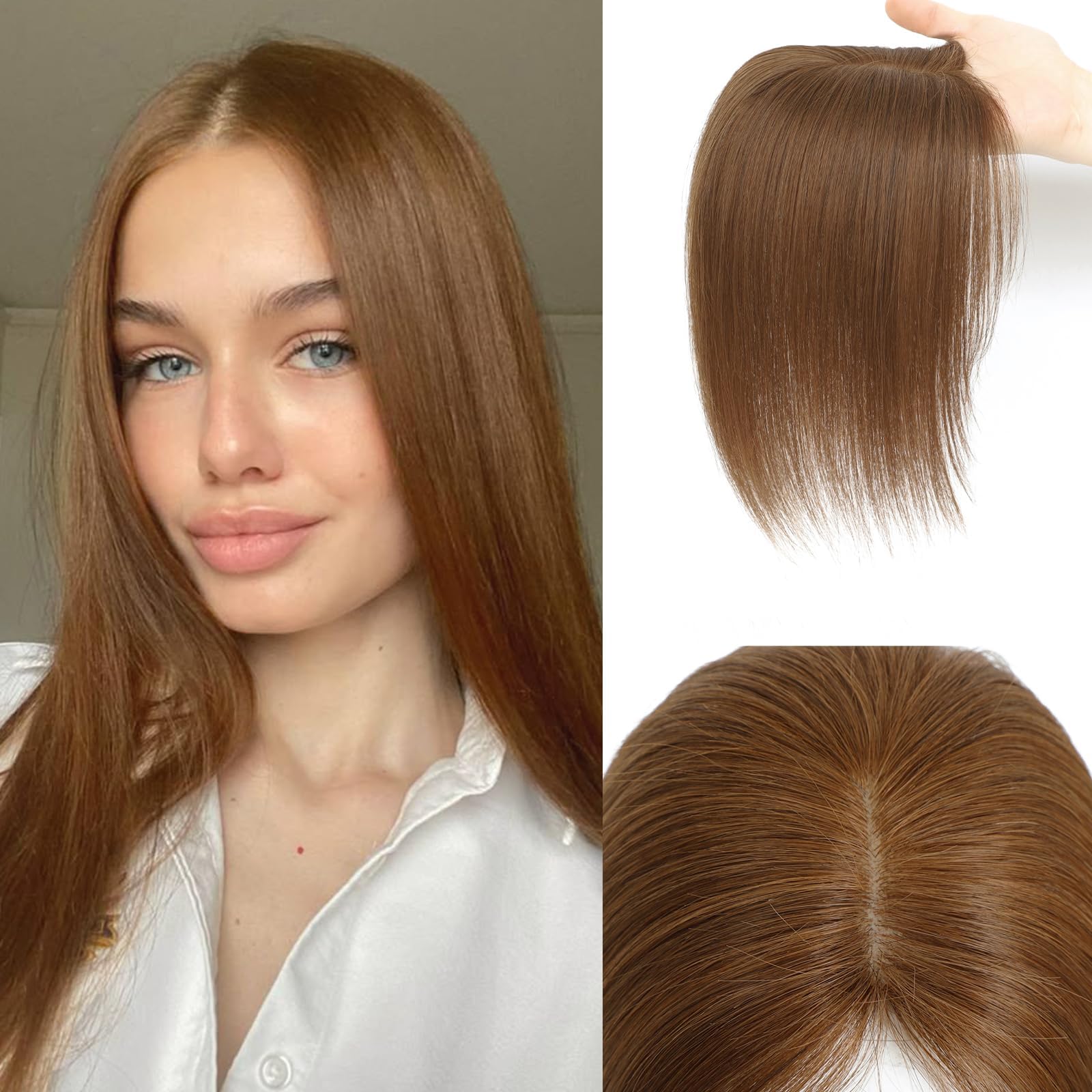Hair Toppers for Women Real Human Hair, 360° 3D Cover Side Bangs Hair Pieces for Women (Light Brown, 2 Clips)