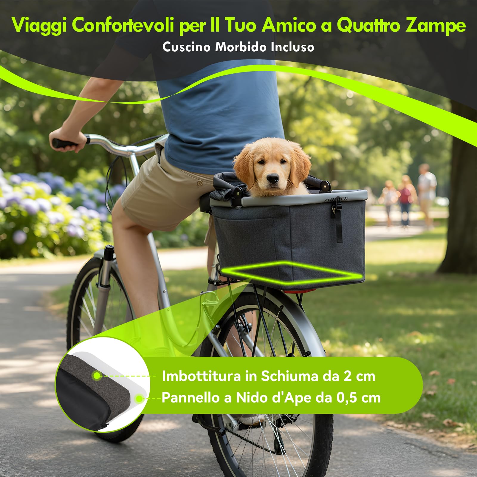 Cestino Posteriore Bicicletta Piegevole per Cani fino a 10KG, Telaio in Metallo, Piastra in PE, Montaggio Rapido per Ø 9-12mm, Finestra a Rete, Cuscinetto Morbido, Bande Riflettenti