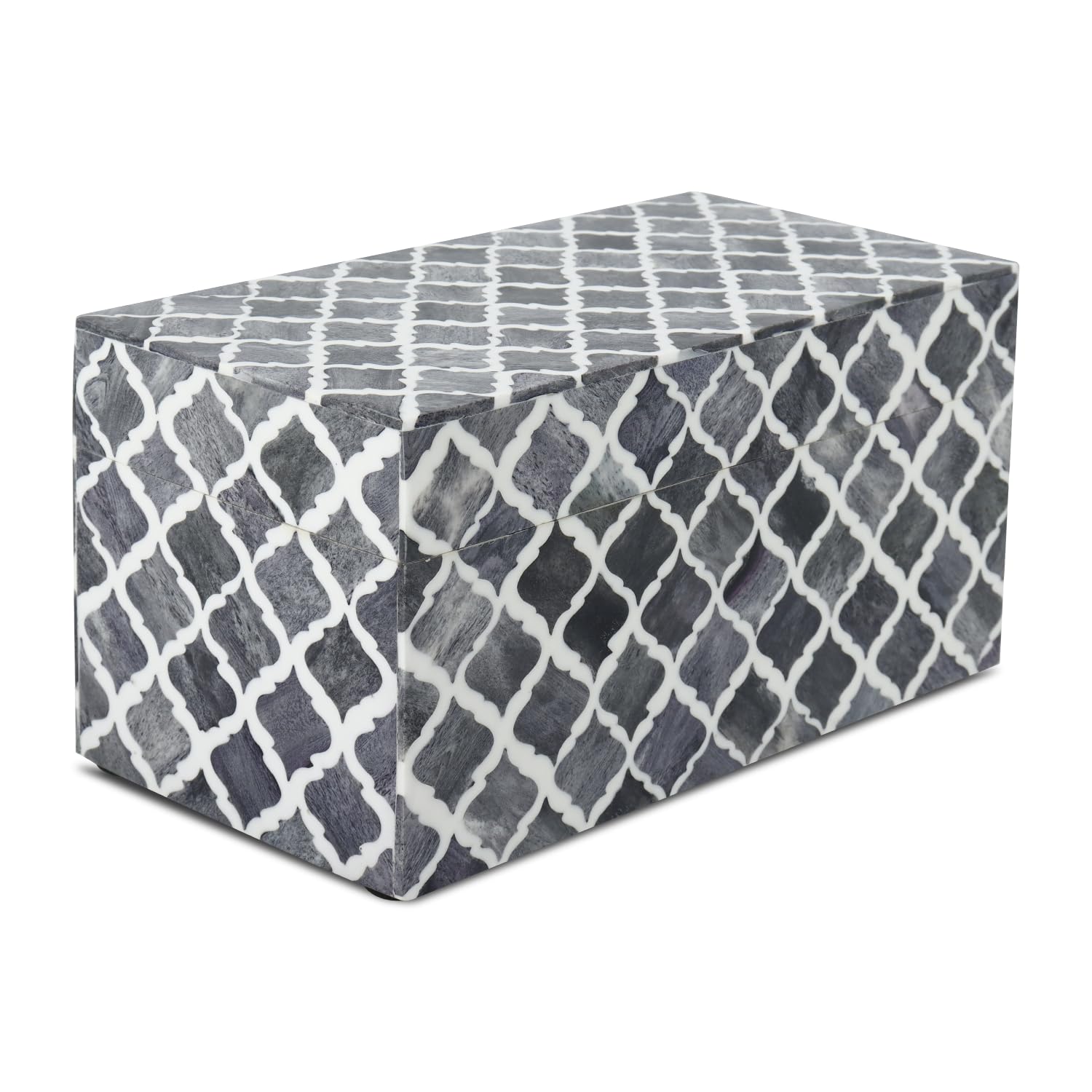 Handicrafts Home Mumtaz-Grey Large Decorative Storage Box With Lid, Moroccan Memory Keepsake Storage Box, Deep Jewelry Storage Organizer, Bone Inlay Resin Wooden Coffee Table Decor Box, Gray, 10 X 5 X 5