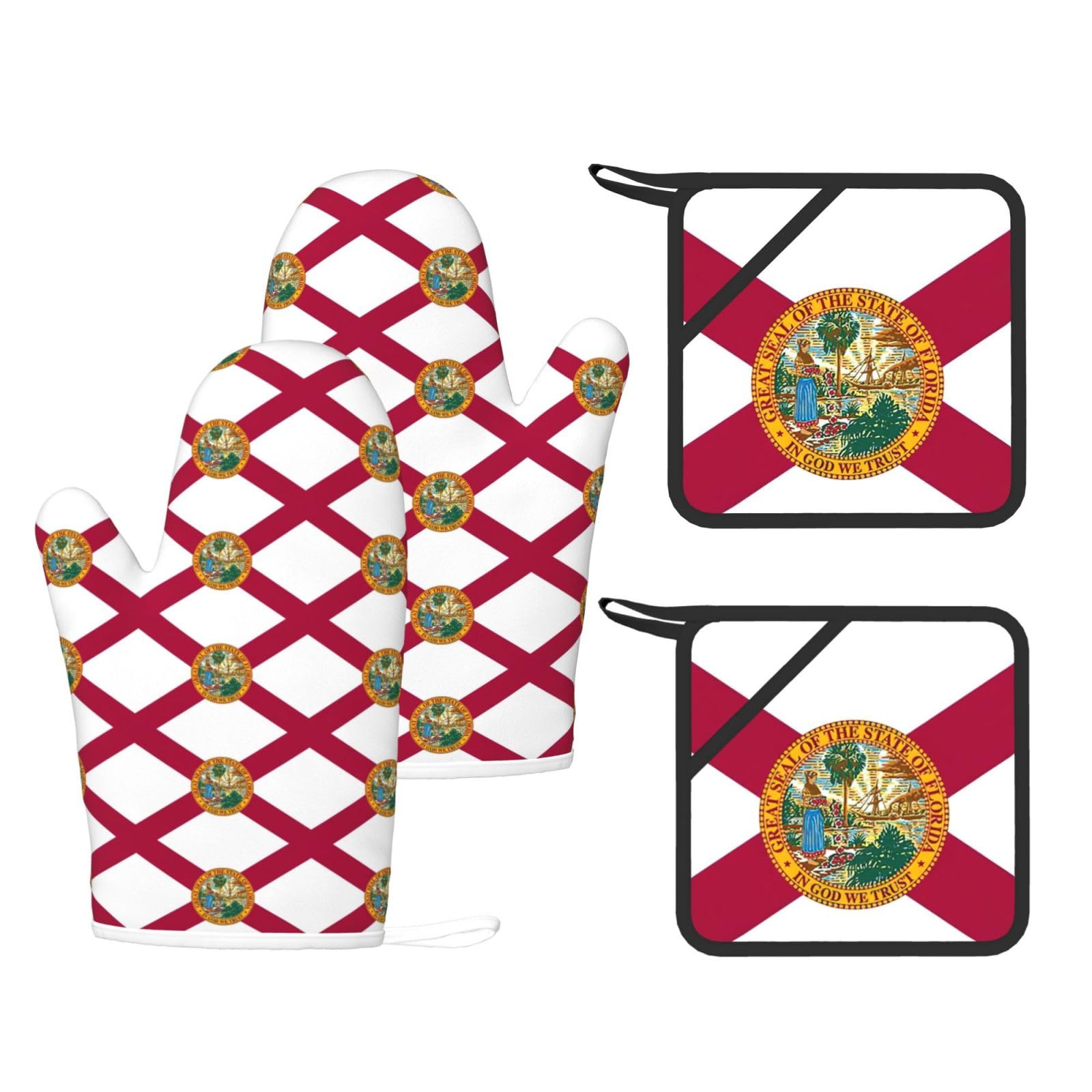 Florida State Flag Printed Kitchen Oven Gloves and Potholder 4 Pcs, Non-Slip Heat Resistant Mitts for Baking Chef
