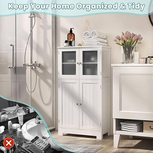 Miniatura 4 de COSTWAY Armario de almacenamiento de baño, armario organizador de almacenamiento de lino de madera con puertas y estante ajustable, armario de piso