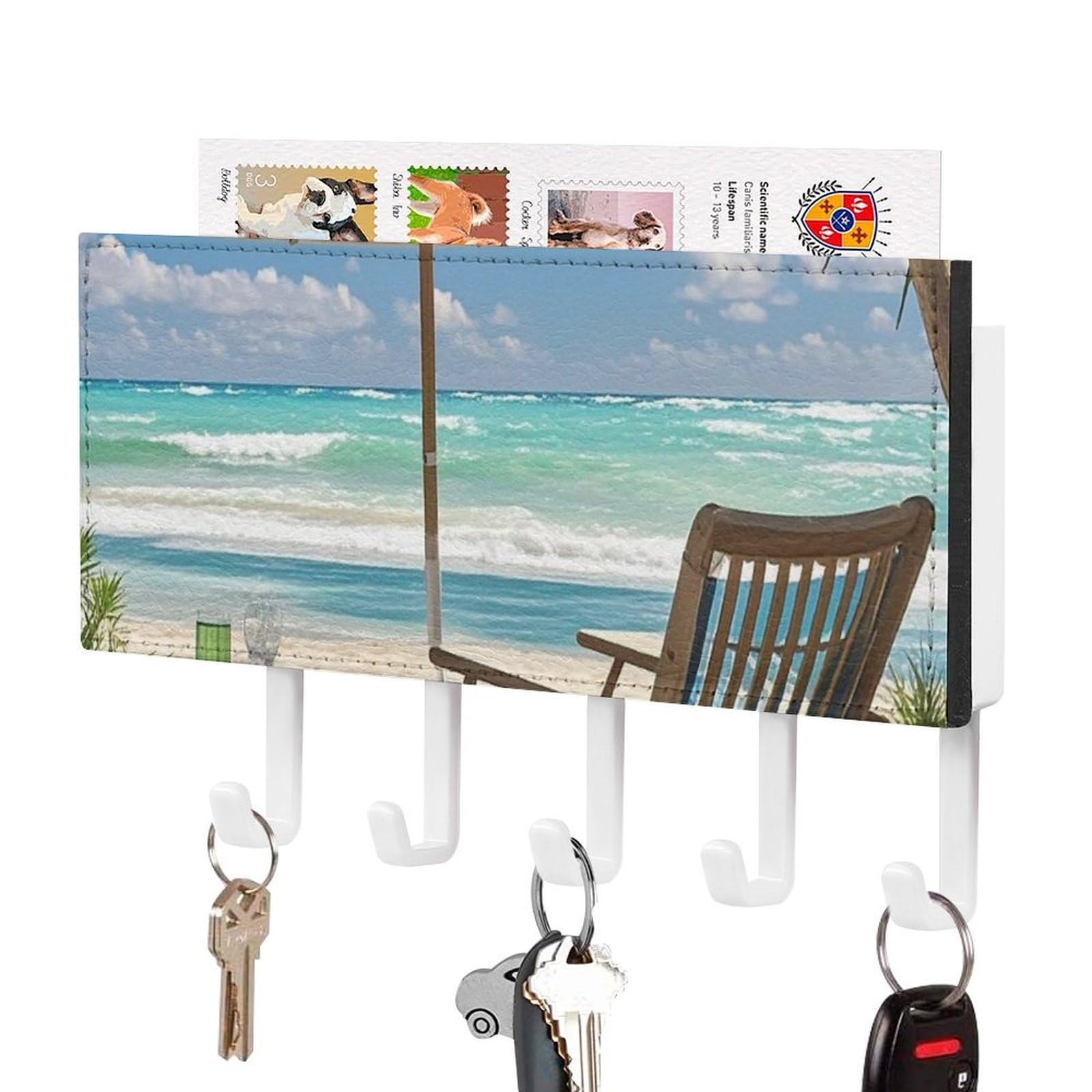 FekiLoot Ocean Beach Theme Key Holder Wall Mount Key Hanger with 5 Hooks Decorative Key Rack Hanging Key Hooks with Mail Organizer Key Holder for Wall Living Room Kitchen Bathroom Hallway White