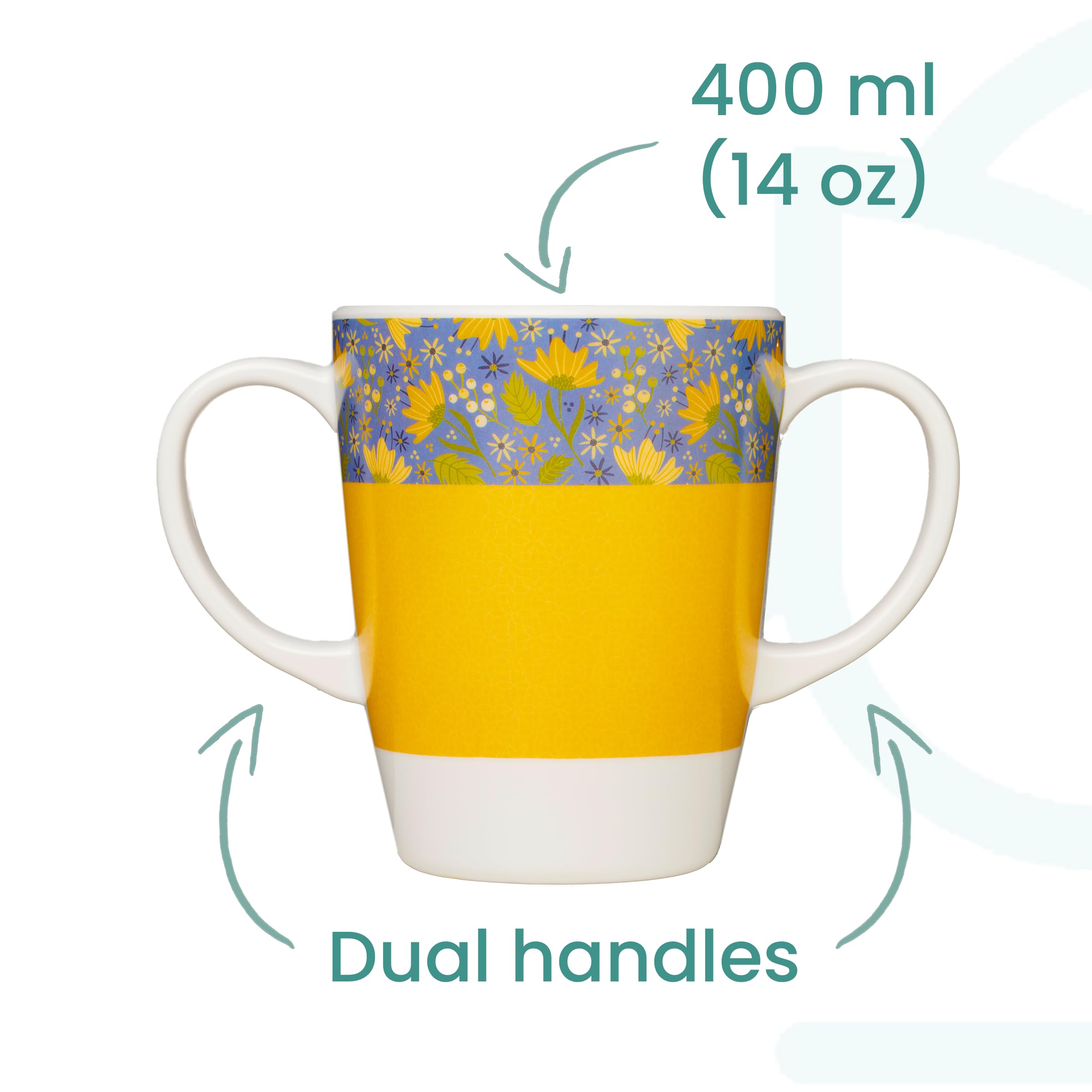 Tazza in melamina con due manici, leggera, 126 g, capacità 400 ml, aiuto per la mobilità quotidiana per anziani, demenza, tremori, artrite e presa debole (giallo)
