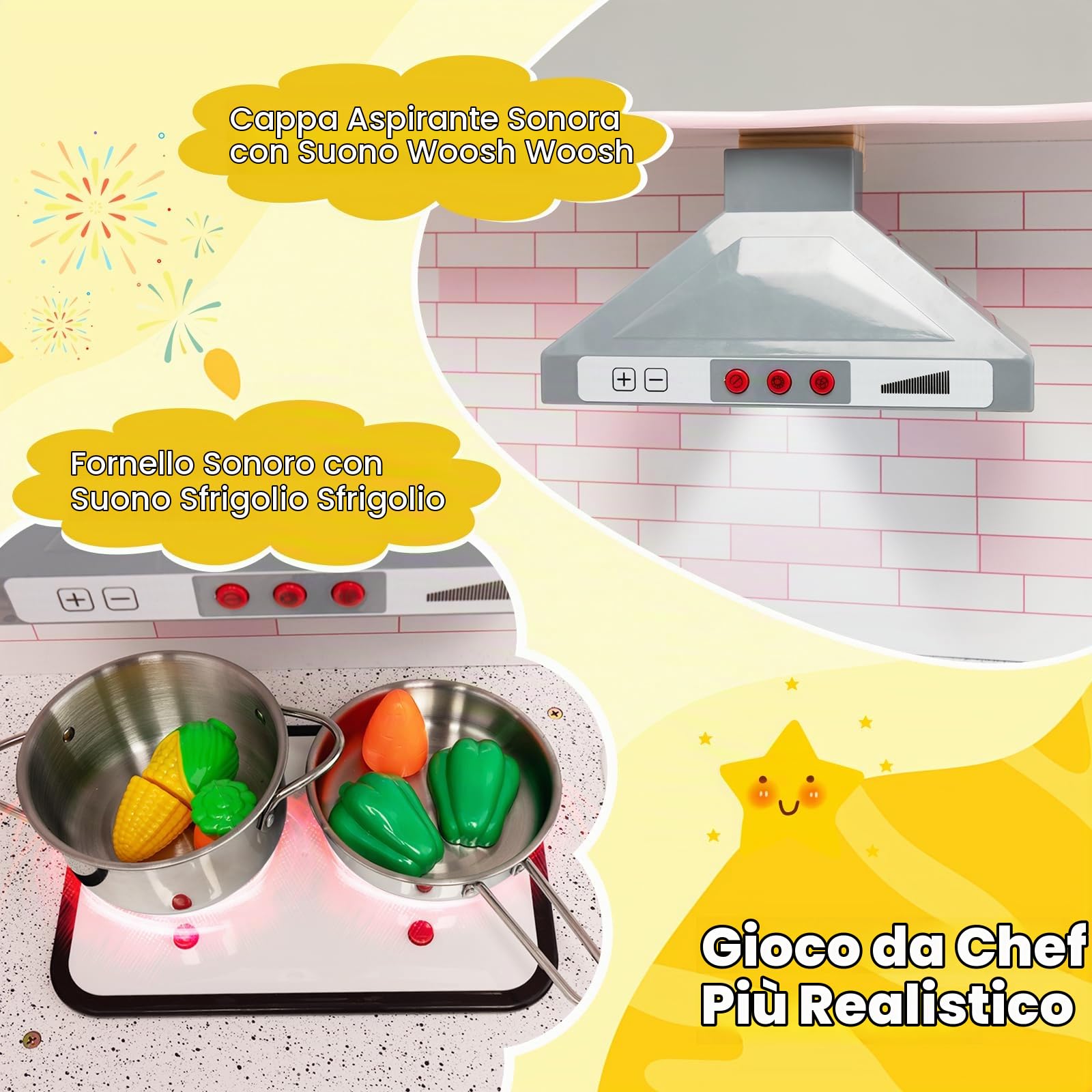 HOMASIS Cucina per Bambini in Legno ad Angolo Con Luci e Suoni, Cucinetta Con Lavello, Piano Cottura, Forno, Microonde, Lavagna - per Bambini dai 3 Anni in Su, Rosa