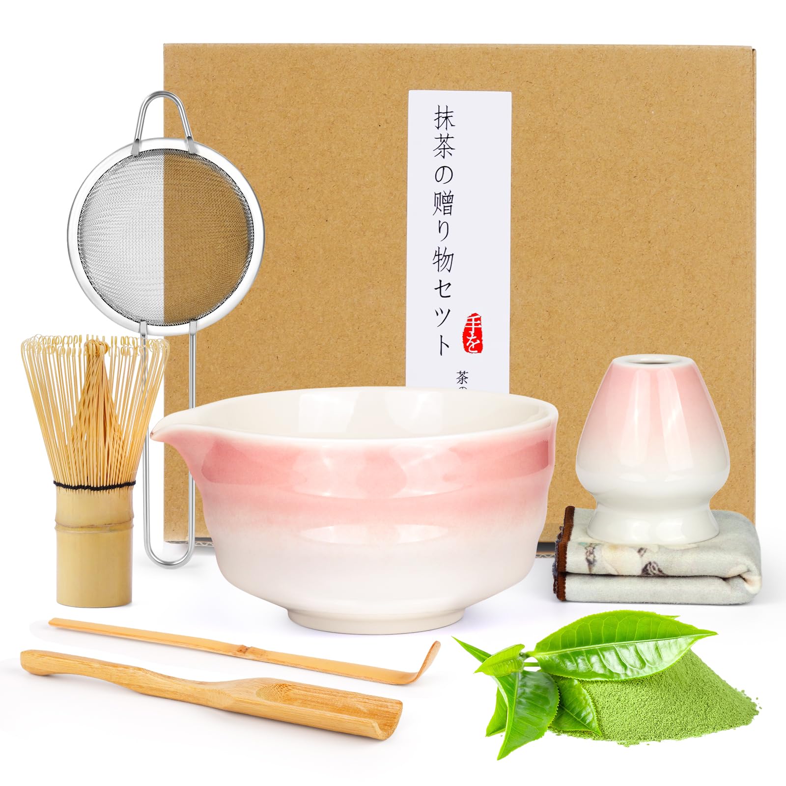 POFIBO Matcha Set - 7-teiliges Matcha Tee Set mit Matcha Besen, Matcha Schale, Sieb, Besenhalter & Zubehör - Matcha-Set für Einsteiger, Beste Geschenk für Matcha-Liebhaber