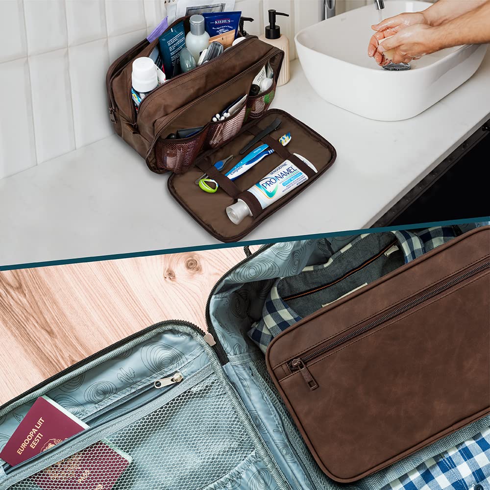PAVILIA Neceser para hombres, bolsa de viaje esencial para afeitar, bolsa de viaje, organizador de artículos de tocador, accesorio de maquillaje cosmético, resistente al agua, Marrón, Extra Large