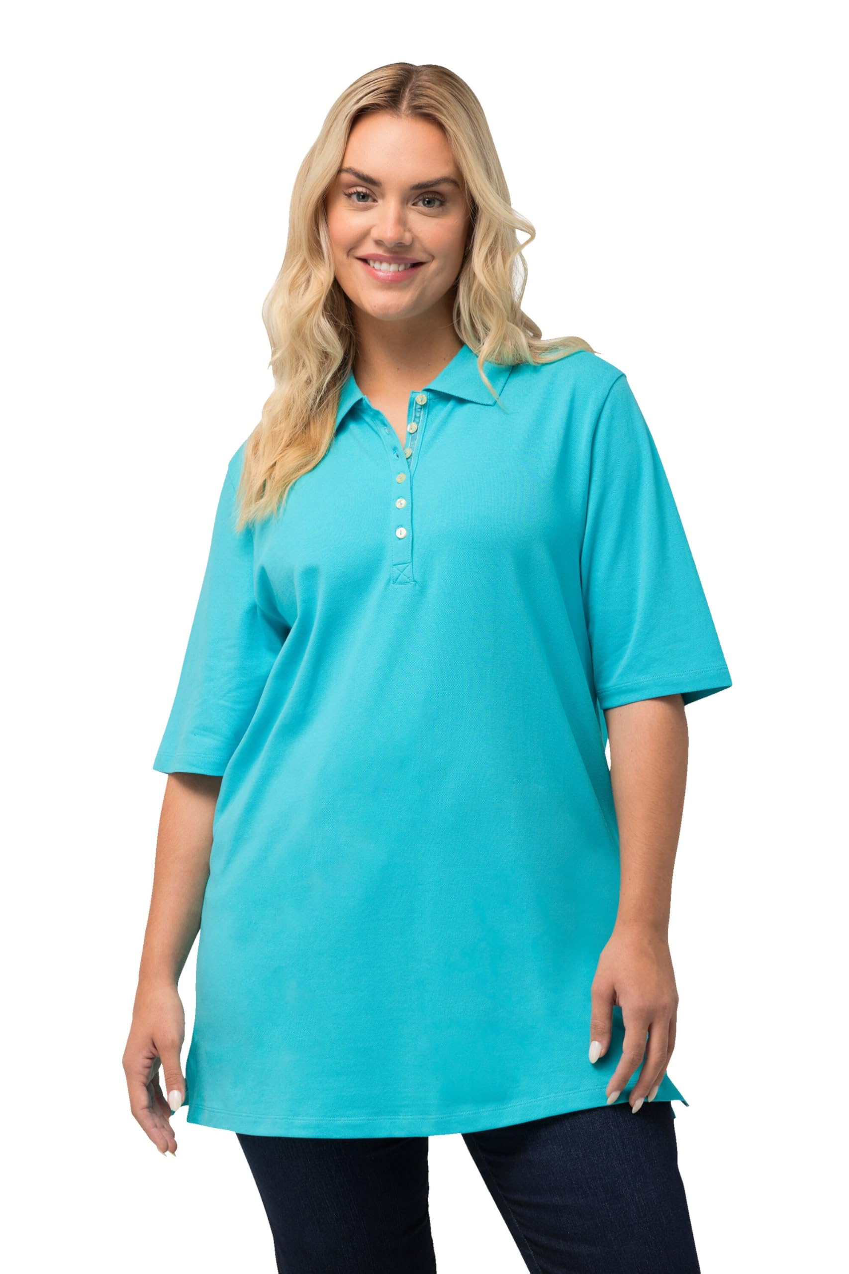 Ulla Popken Women's Poloshirt, Samtband-Knopfleiste, Regular, Halbarm T-Shirt, Theodore River (Ersatzfarbe), 66/68