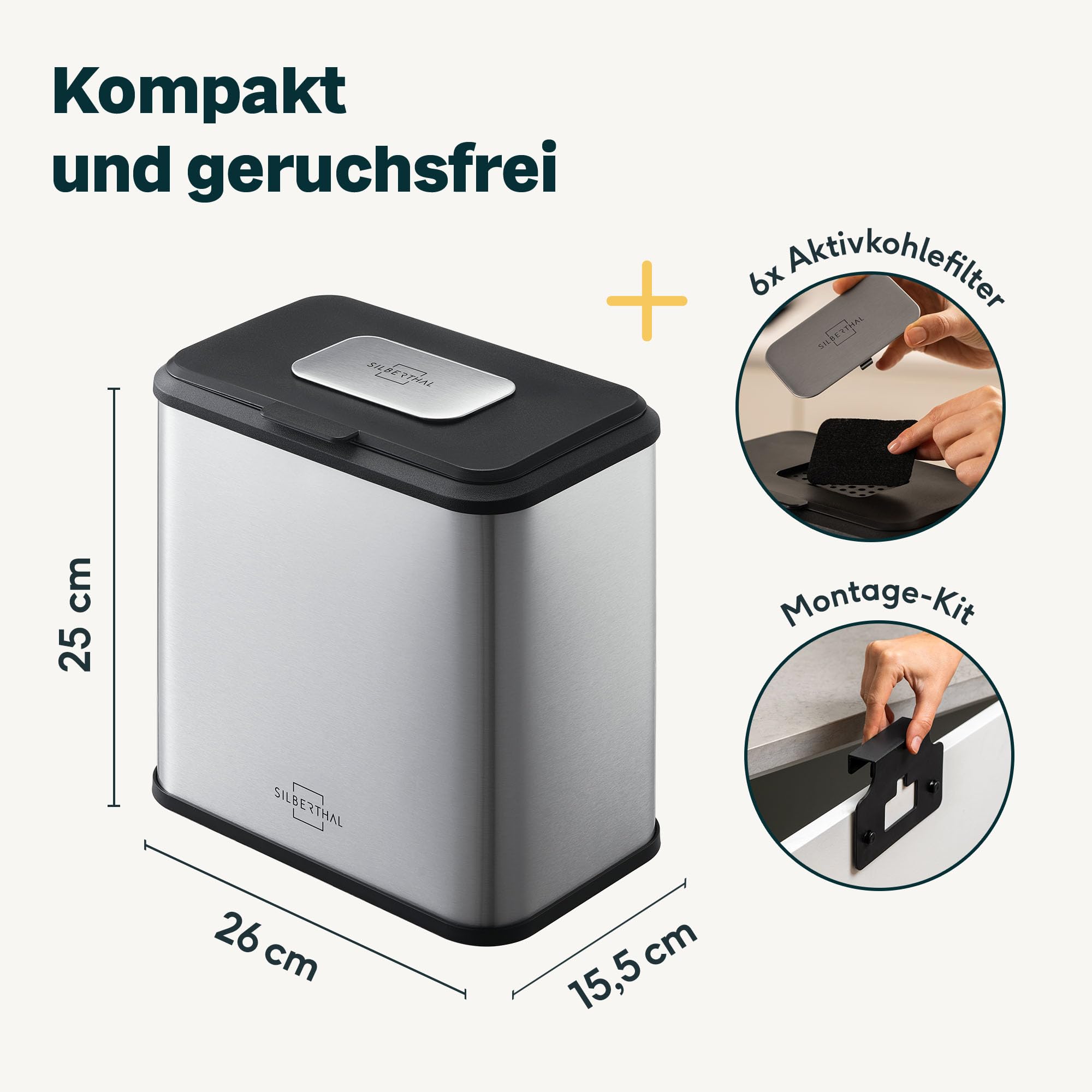 SILBERTHAL Biomülleimer Küche klein - 4L - Edelstahl - Mit Deckel - Geruchsarmer Komposteimer für die Küche - Mit Aktivkohlefilter - Innenbehälter spülmaschinenfest