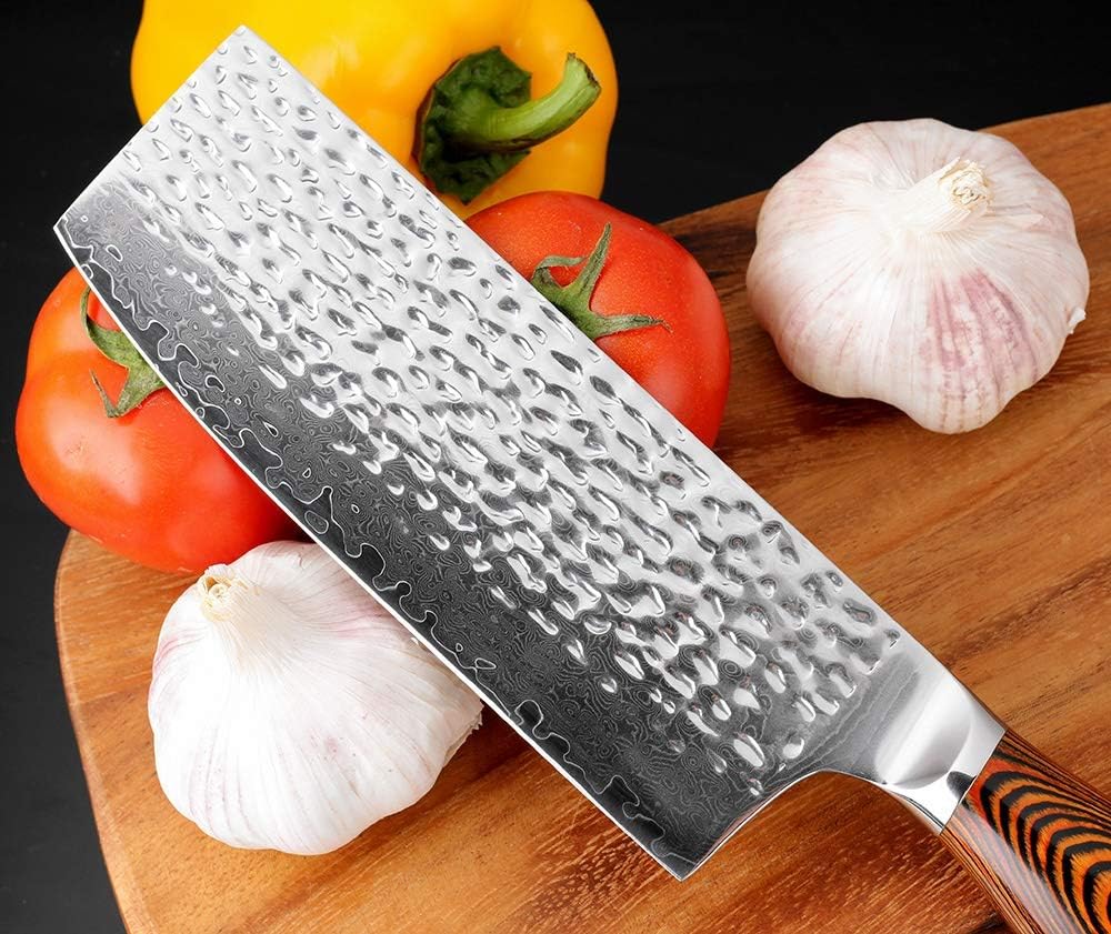 Meat Cleaver Knife, 7 inch Kitchen Knife Japanese VG10 Damascus Chef Knife Color Wood Handmade Forged Santoku Cleaver Slicing Tool