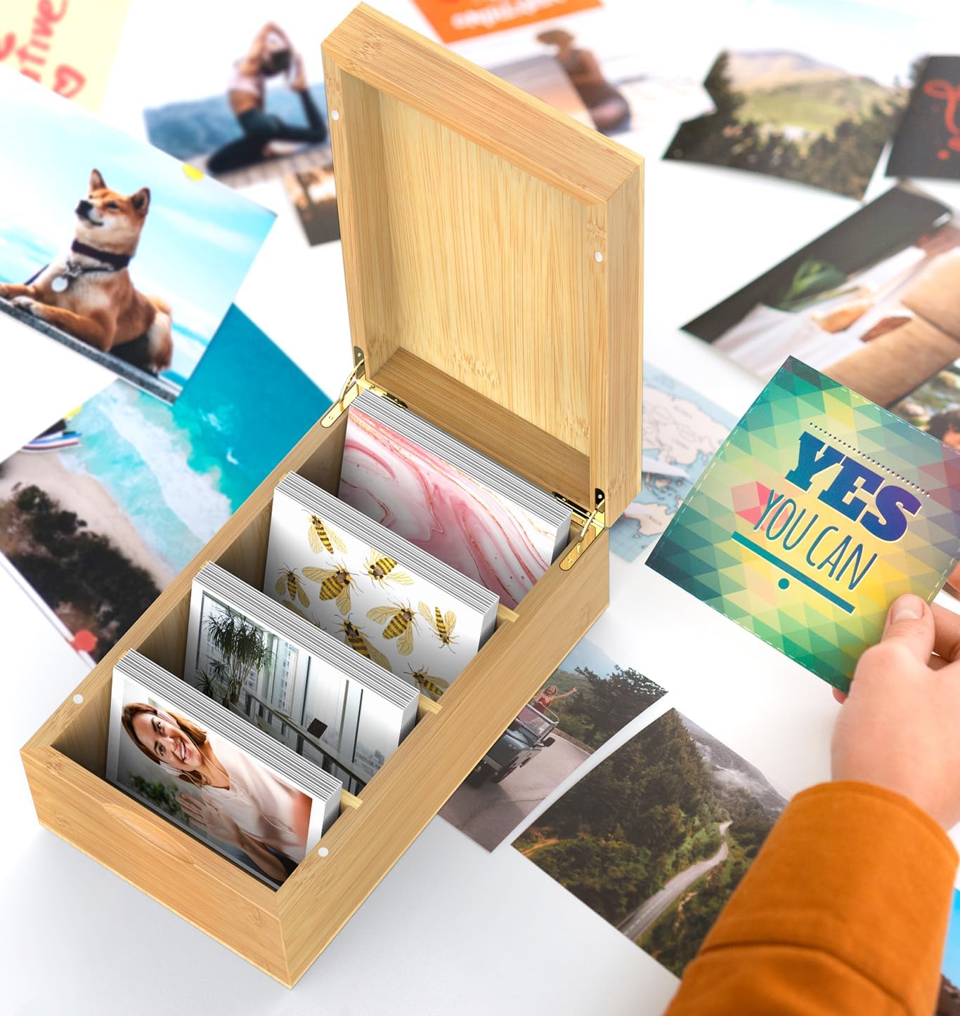Neando Bamboo Recipe Card Organizer for 4x6 Cards – Wooden Index Card Storage Box with Lid, 4 Compartments, 600-Card Capacity, Includes 20 Tabbed Guides – Natural Kitchen Filing System