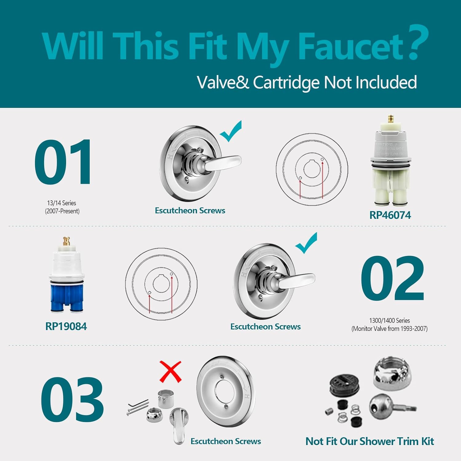Shower Trim Kit Replacement for 13/14 Series, Shower Cover Plate with Handle (Valve& Catridge Not Inclued), Chrome