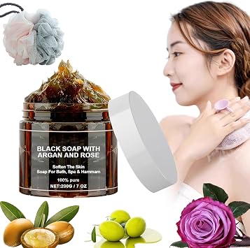 Morocco Black Soap, Black Soap With Argan And Rose, Morocco Body Scrub 200g, Deep Cleansing, Moisturises Skin, Long Lasting Fragrance 1 Pcs