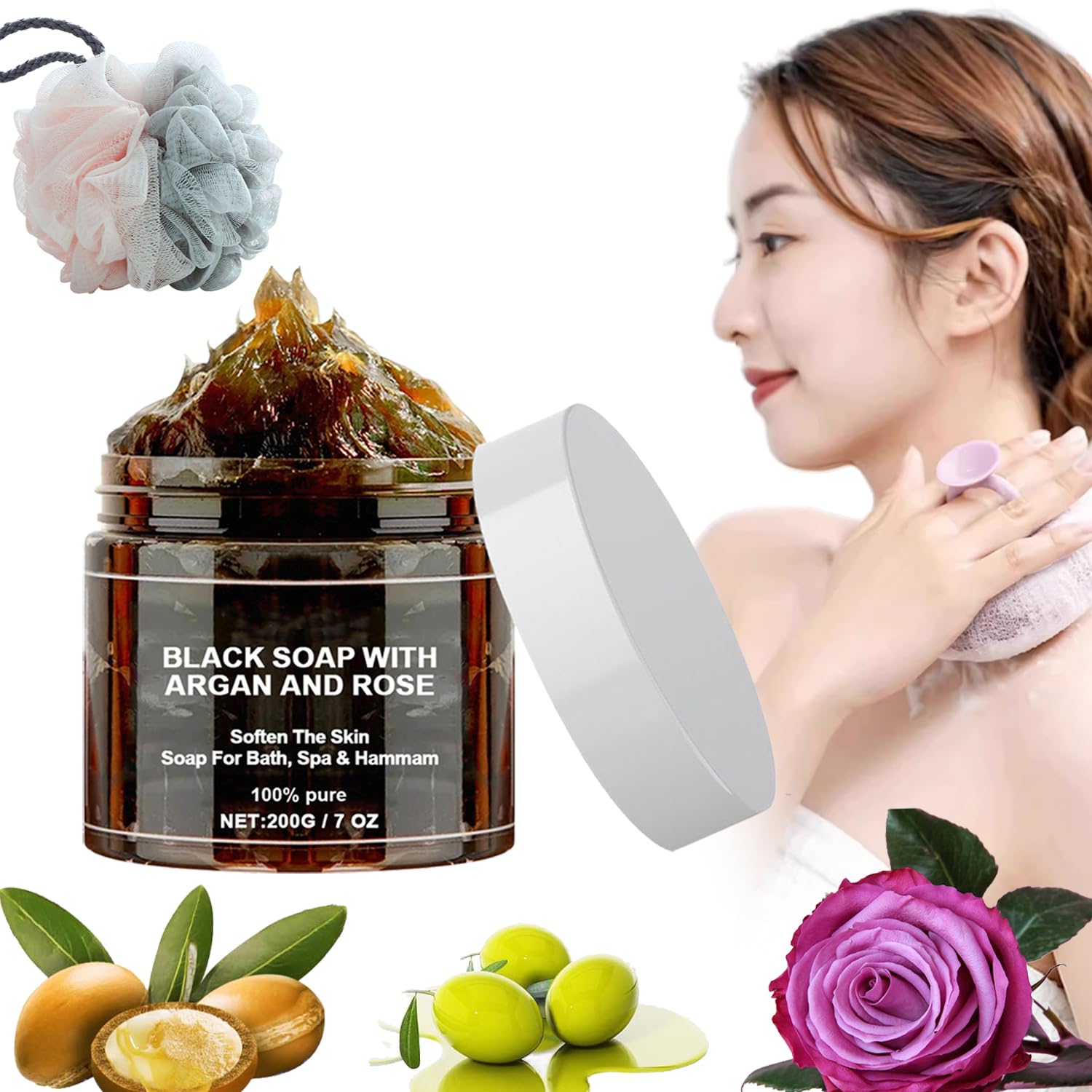 Morocco Black Soap, Black Soap With Argan And Rose, Morocco Body Scrub 200g, Deep Cleansing, Moisturises Skin, Long Lasting Fragrance (1 Pcs)