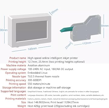 Industrial Inkjet Printer, Batch Coder for Automatic Coding, Thermal Inkjet Printing for Text, Excel, BMP, USB - Supports Expiry Date & Barcode Printing