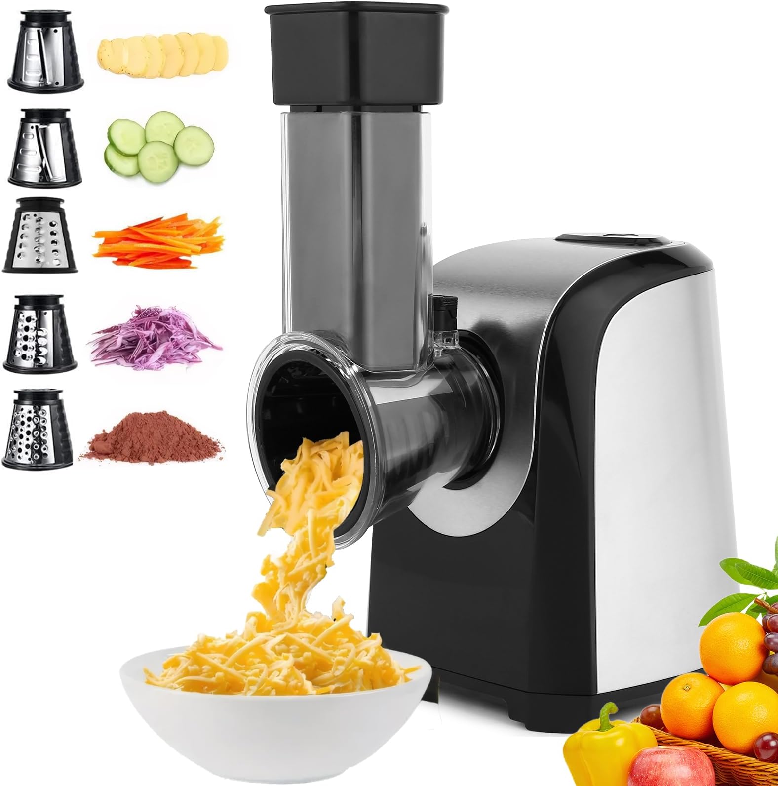 Electric Cheese Grater 5 in 1 Professional Electric Slicer Shredder 150W Cheese Grater One-Touch Control Salad Maker for Home Kitchen Use, Electric Salad Machine for Cheese, Fruits, Vegetables