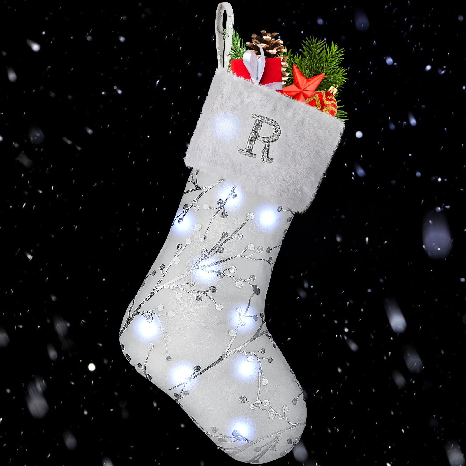 15 Inches Monogram Christmas Stocking with LED Light (Battery Not Included) Silver Embroidered Initial Christmas Stockings Letter Personalized Xmas Stocking Gift for Christmas Fireplace Decor (R)