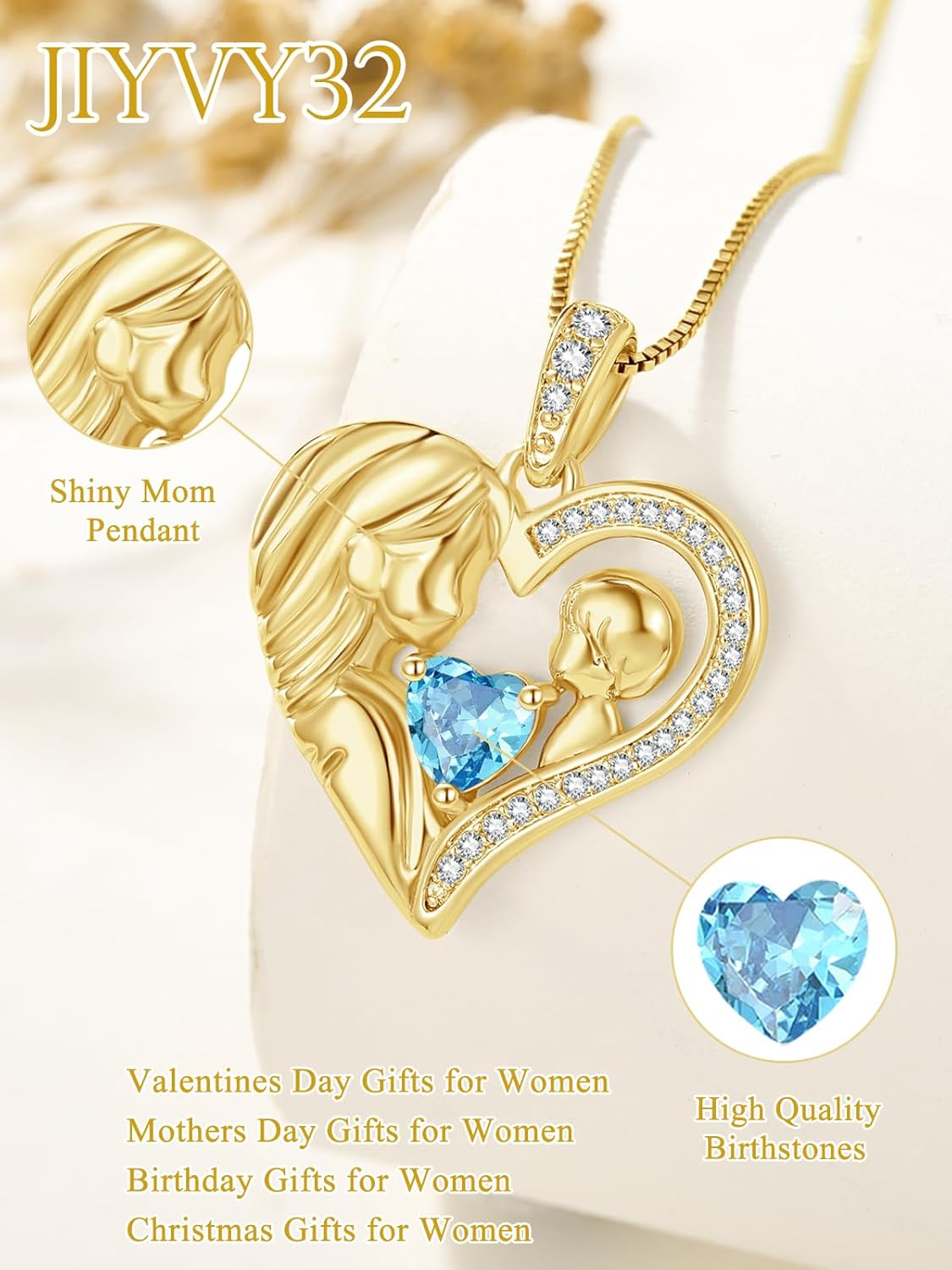 14K Gold Plated Mom Aquamarine March Birthstone Necklace Mother and Son Love Heart Necklace, I Love You Mom Gifts, Anniversary Birthday Gifts for Wife Mother Grandma Daughter Son